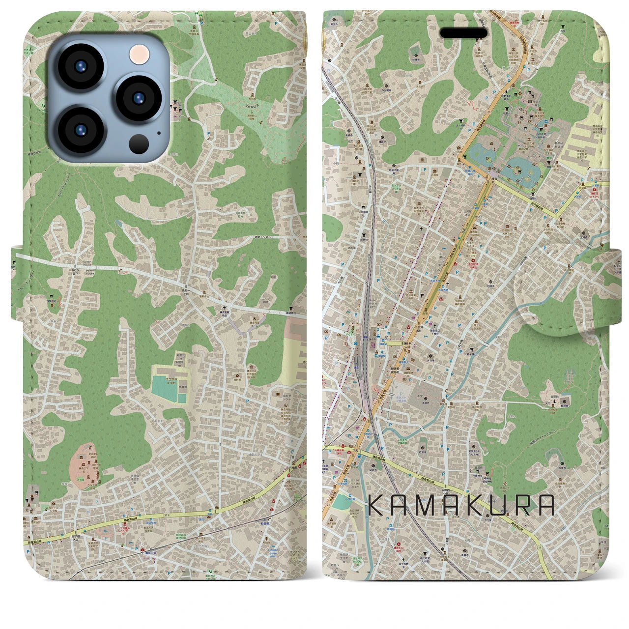 【鎌倉2】地図柄iPhoneケース（手帳両面タイプ・ナチュラル）iPhone 13 Pro Max 用