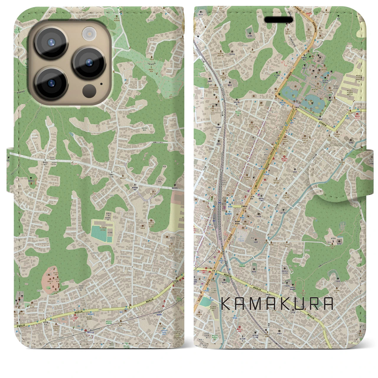 【鎌倉2】地図柄iPhoneケース（手帳両面タイプ・ナチュラル）iPhone 14 Pro Max 用