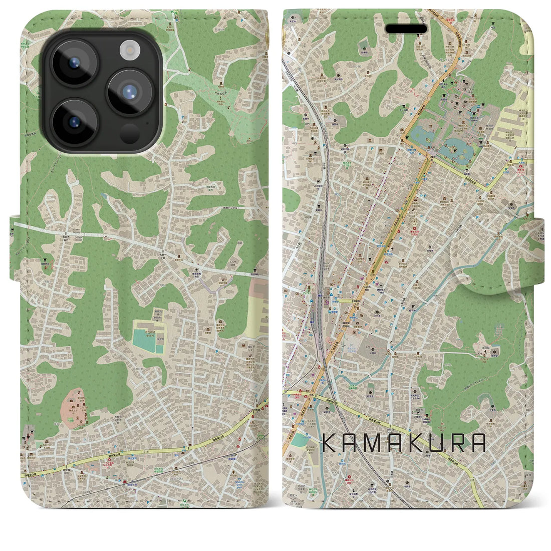 【鎌倉2】地図柄iPhoneケース（手帳両面タイプ・ナチュラル）iPhone 15 Pro Max 用