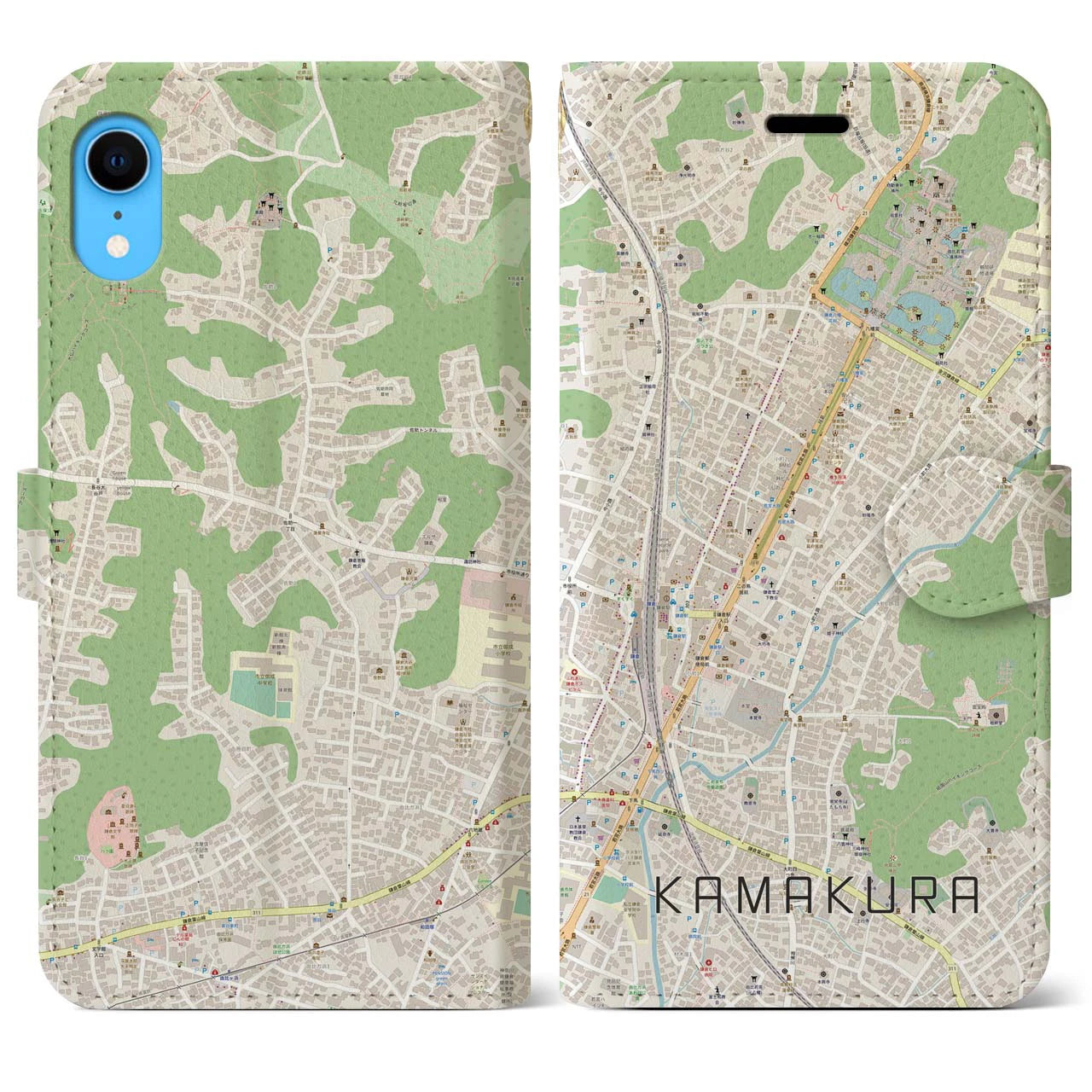 【鎌倉2】地図柄iPhoneケース（手帳両面タイプ・ナチュラル）iPhone XR 用