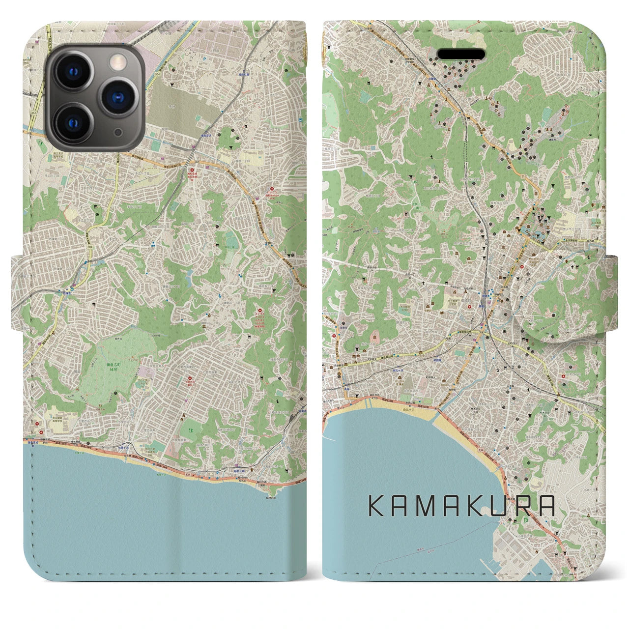 【鎌倉】地図柄iPhoneケース（手帳両面タイプ・ナチュラル）iPhone 11 Pro Max 用