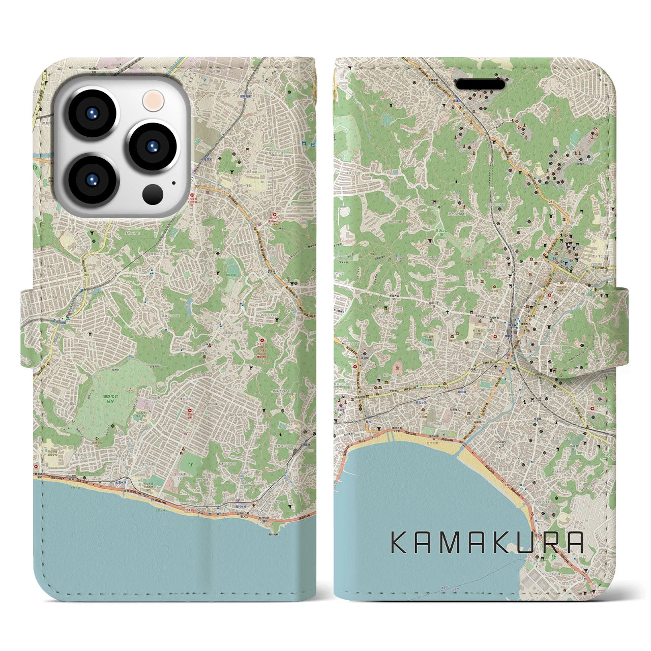 【鎌倉】地図柄iPhoneケース（手帳両面タイプ・ナチュラル）iPhone 13 Pro 用