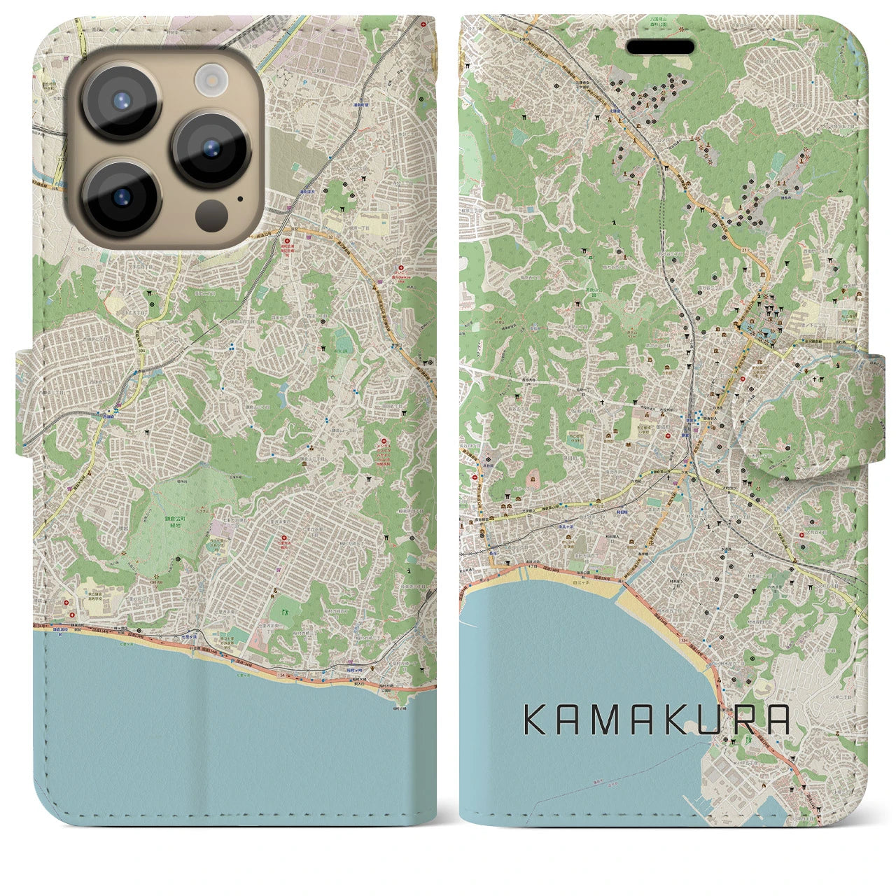 【鎌倉】地図柄iPhoneケース（手帳両面タイプ・ナチュラル）iPhone 14 Pro Max 用