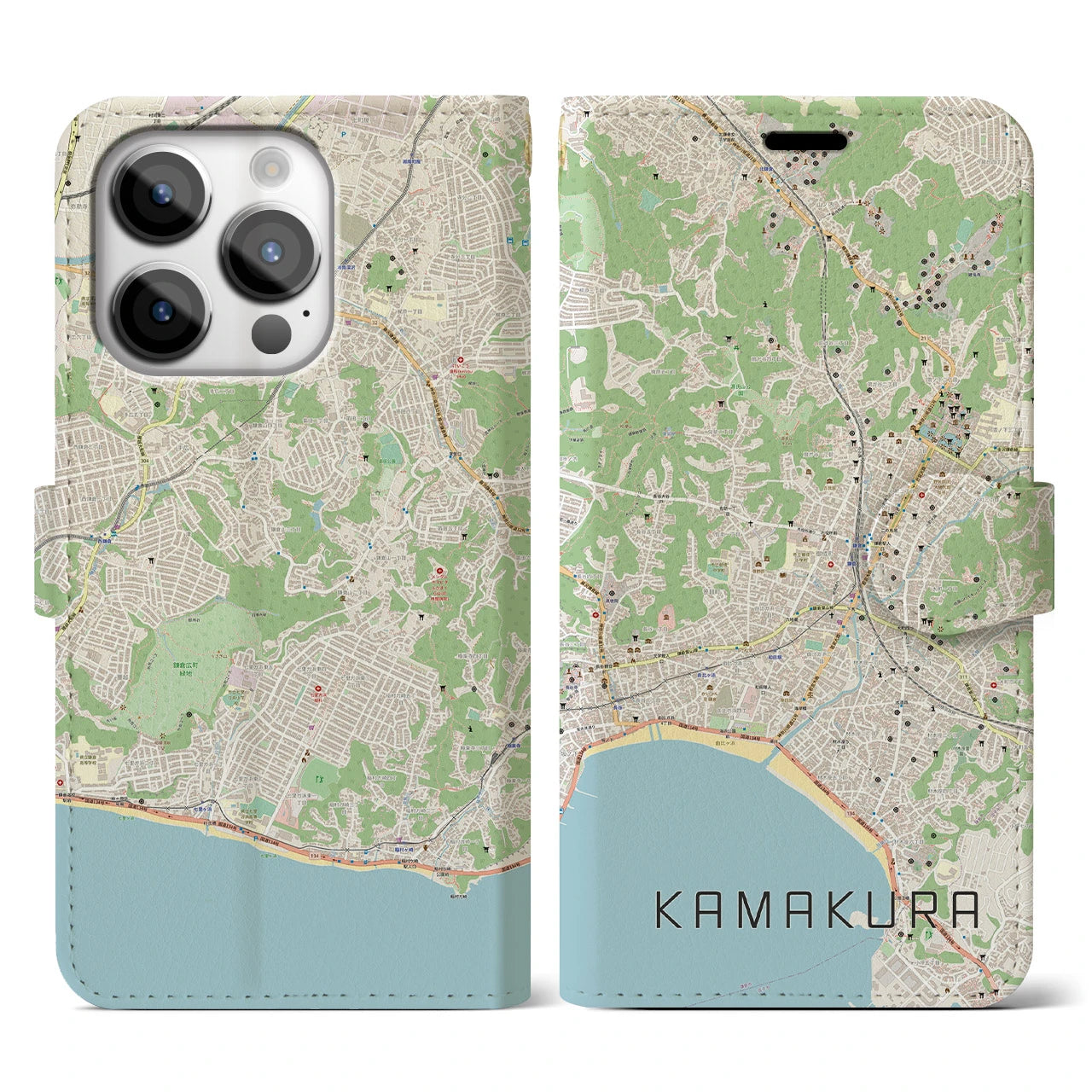 【鎌倉】地図柄iPhoneケース（手帳両面タイプ・ナチュラル）iPhone 14 Pro 用