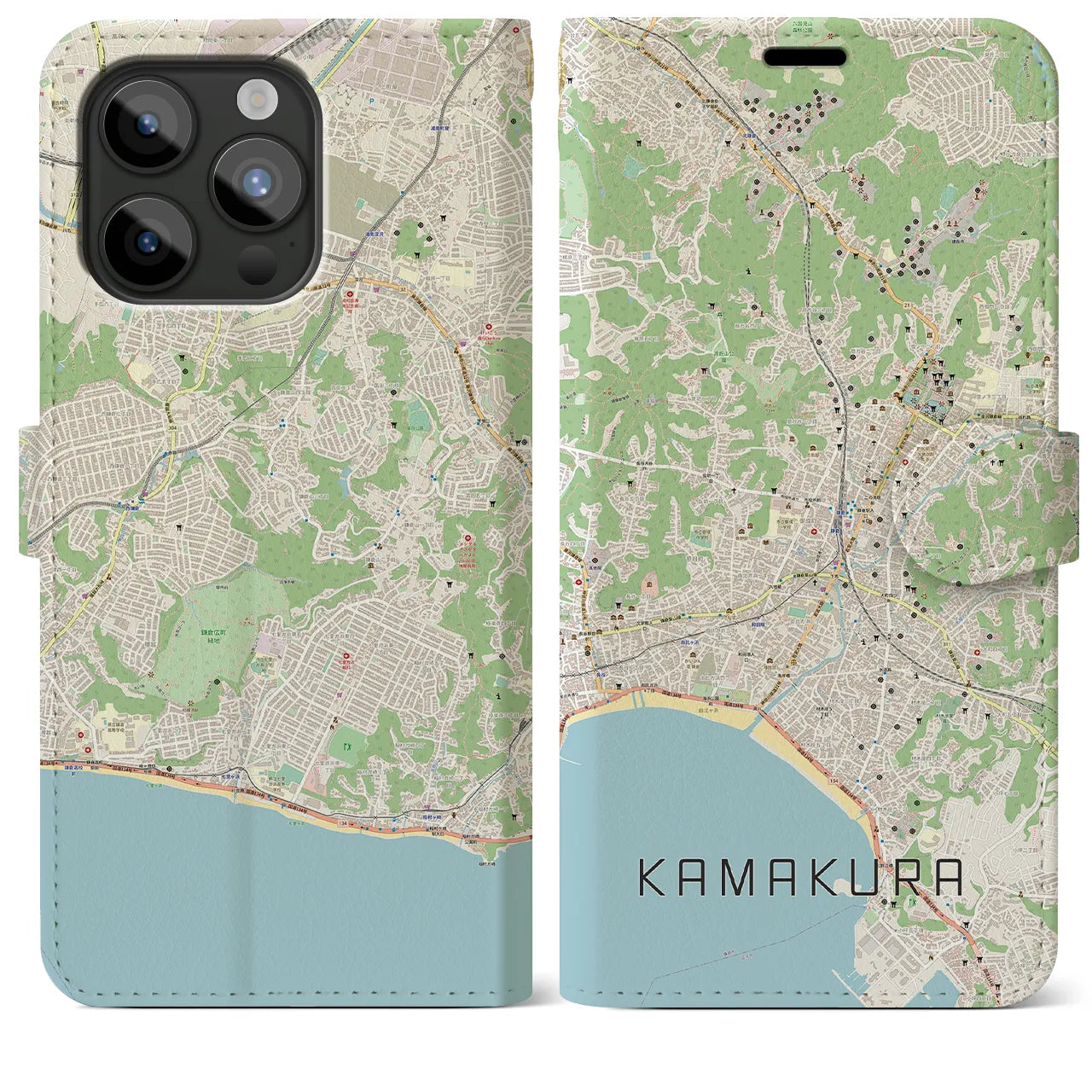 【鎌倉】地図柄iPhoneケース（手帳両面タイプ・ナチュラル）iPhone 15 Pro Max 用