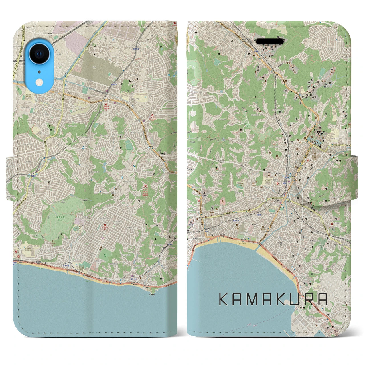 【鎌倉】地図柄iPhoneケース（手帳両面タイプ・ナチュラル）iPhone XR 用