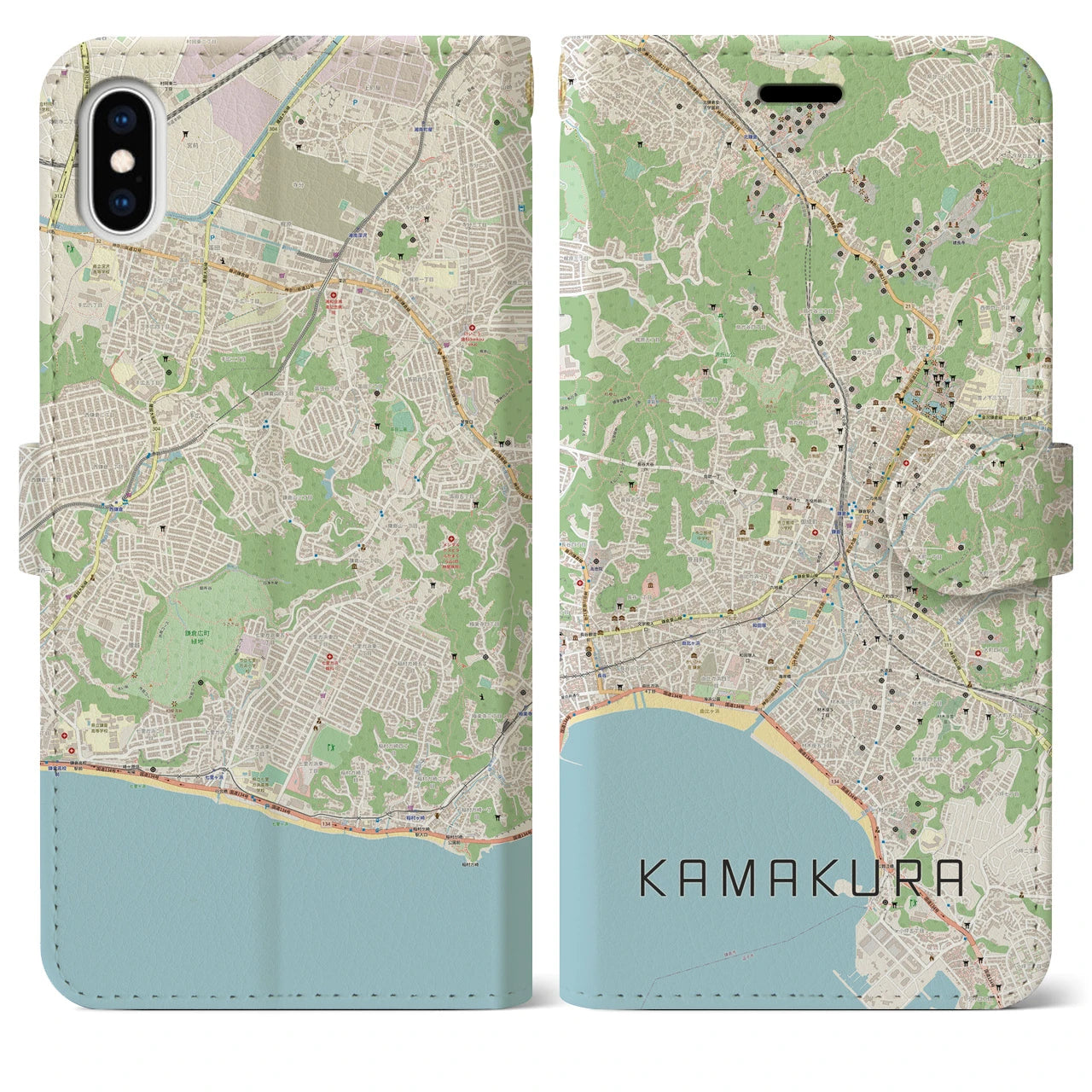 【鎌倉】地図柄iPhoneケース（手帳両面タイプ・ナチュラル）iPhone XS Max 用