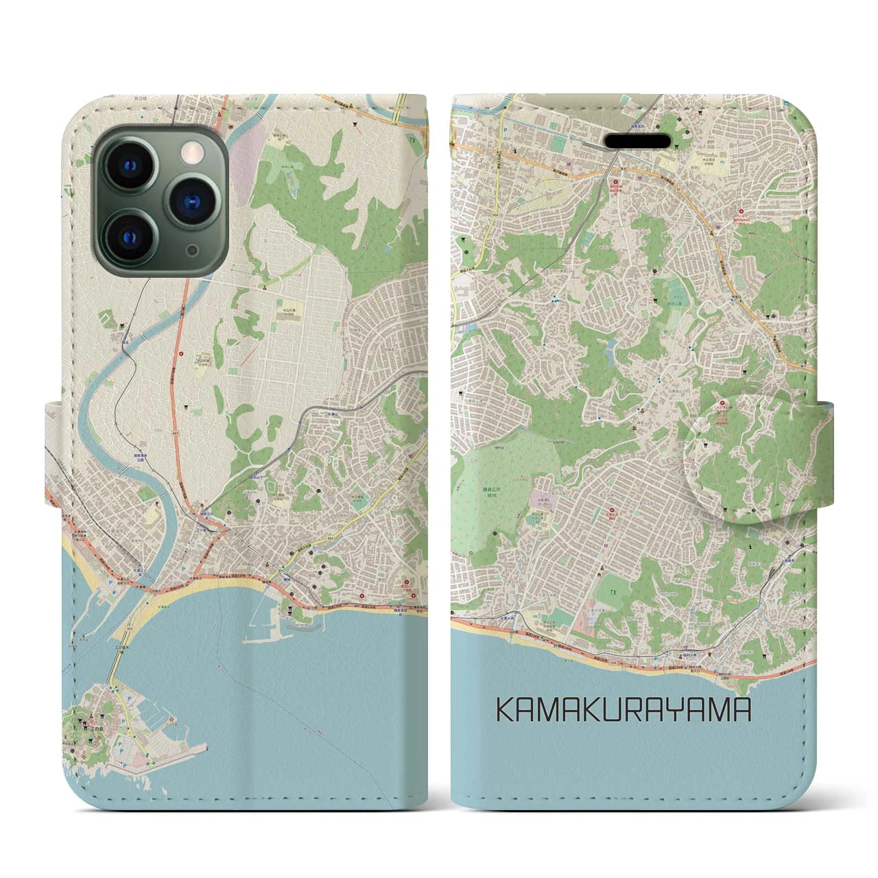 【鎌倉山】地図柄iPhoneケース（手帳両面タイプ・ナチュラル）iPhone 11 Pro 用