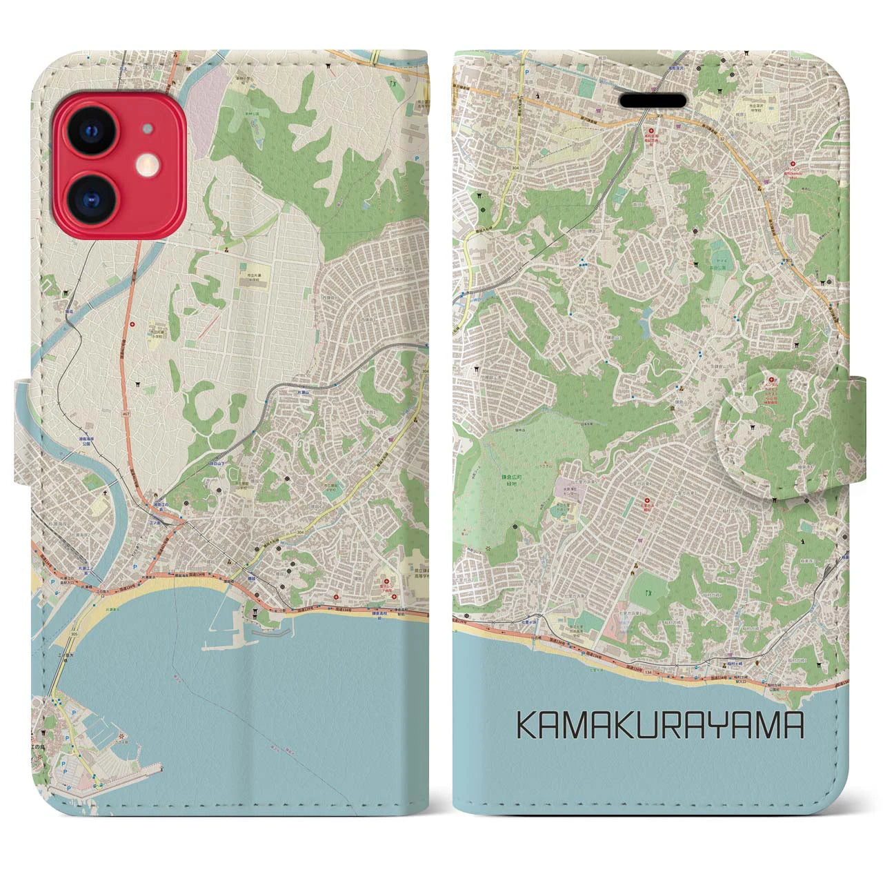 【鎌倉山】地図柄iPhoneケース（手帳両面タイプ・ナチュラル）iPhone 11 用