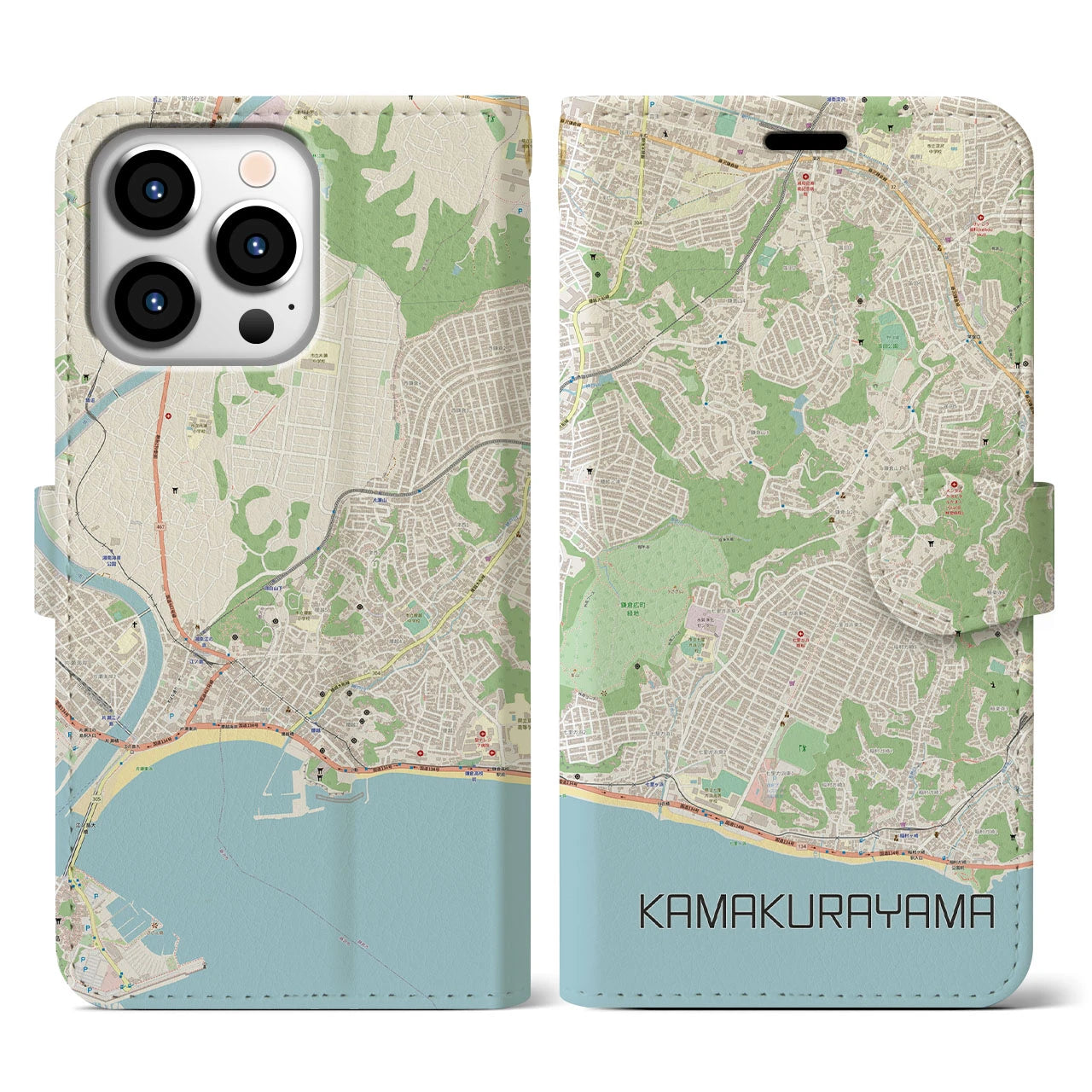 【鎌倉山】地図柄iPhoneケース（手帳両面タイプ・ナチュラル）iPhone 13 Pro 用