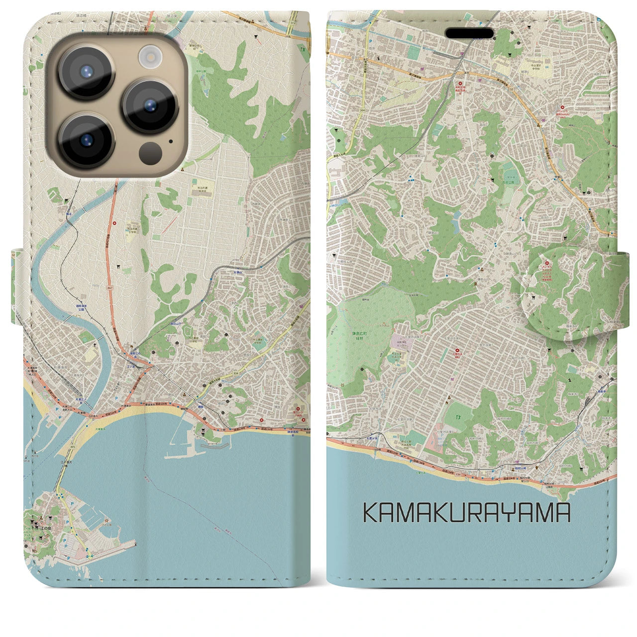 【鎌倉山】地図柄iPhoneケース（手帳両面タイプ・ナチュラル）iPhone 14 Pro Max 用