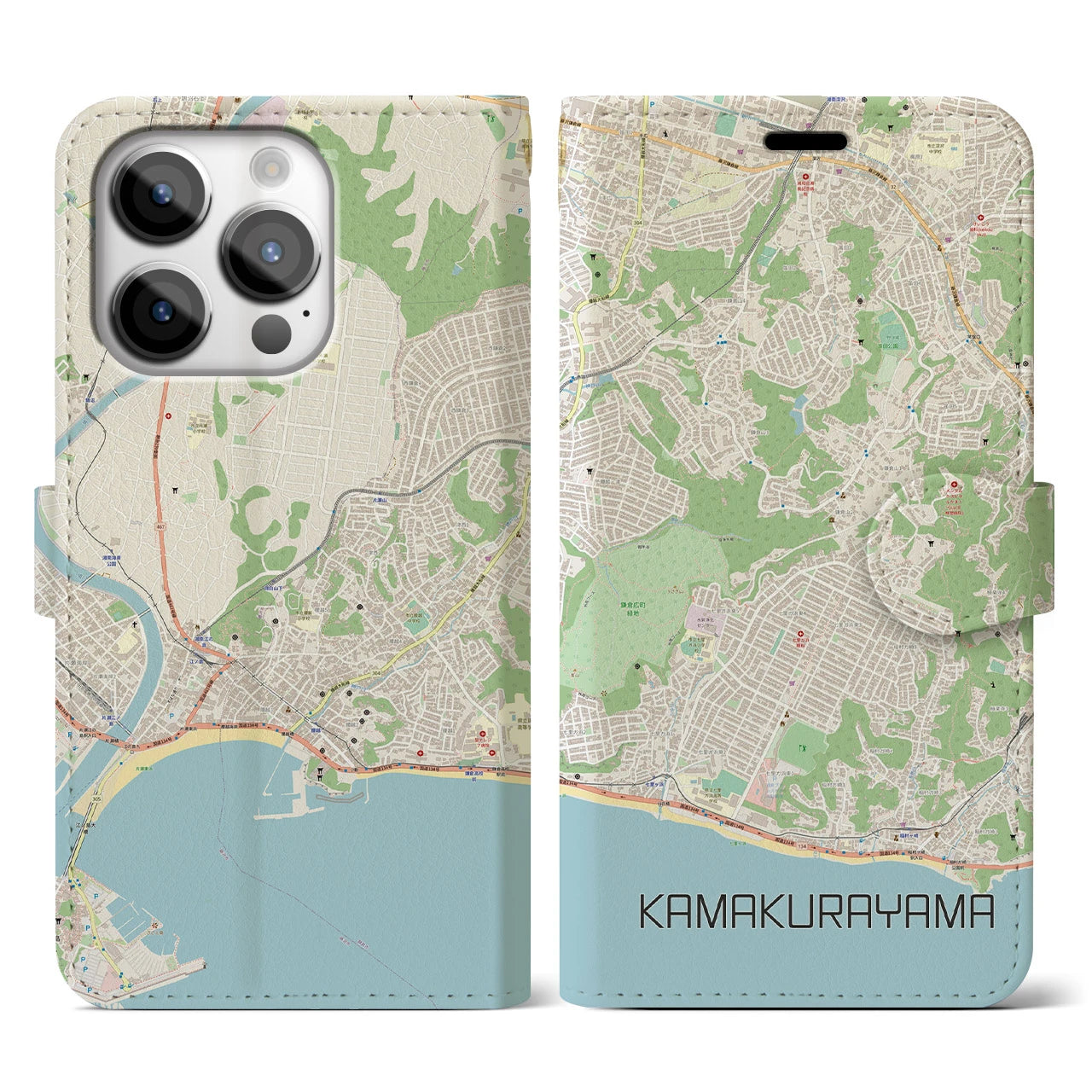 【鎌倉山】地図柄iPhoneケース（手帳両面タイプ・ナチュラル）iPhone 14 Pro 用