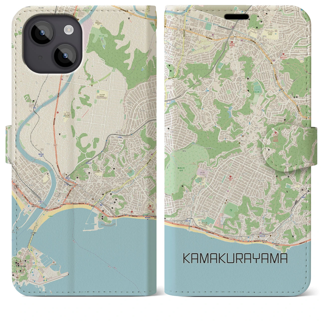 【鎌倉山】地図柄iPhoneケース（手帳両面タイプ・ナチュラル）iPhone 14 Plus 用