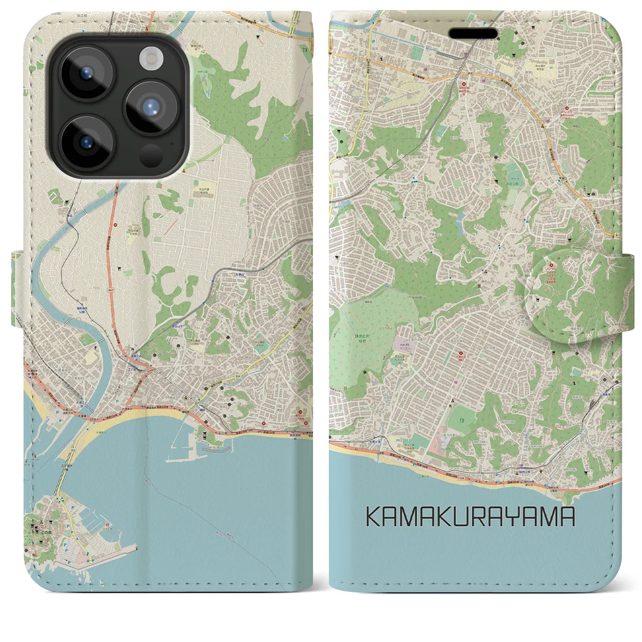 【鎌倉山】地図柄iPhoneケース（手帳両面タイプ・ナチュラル）iPhone 15 Pro Max 用