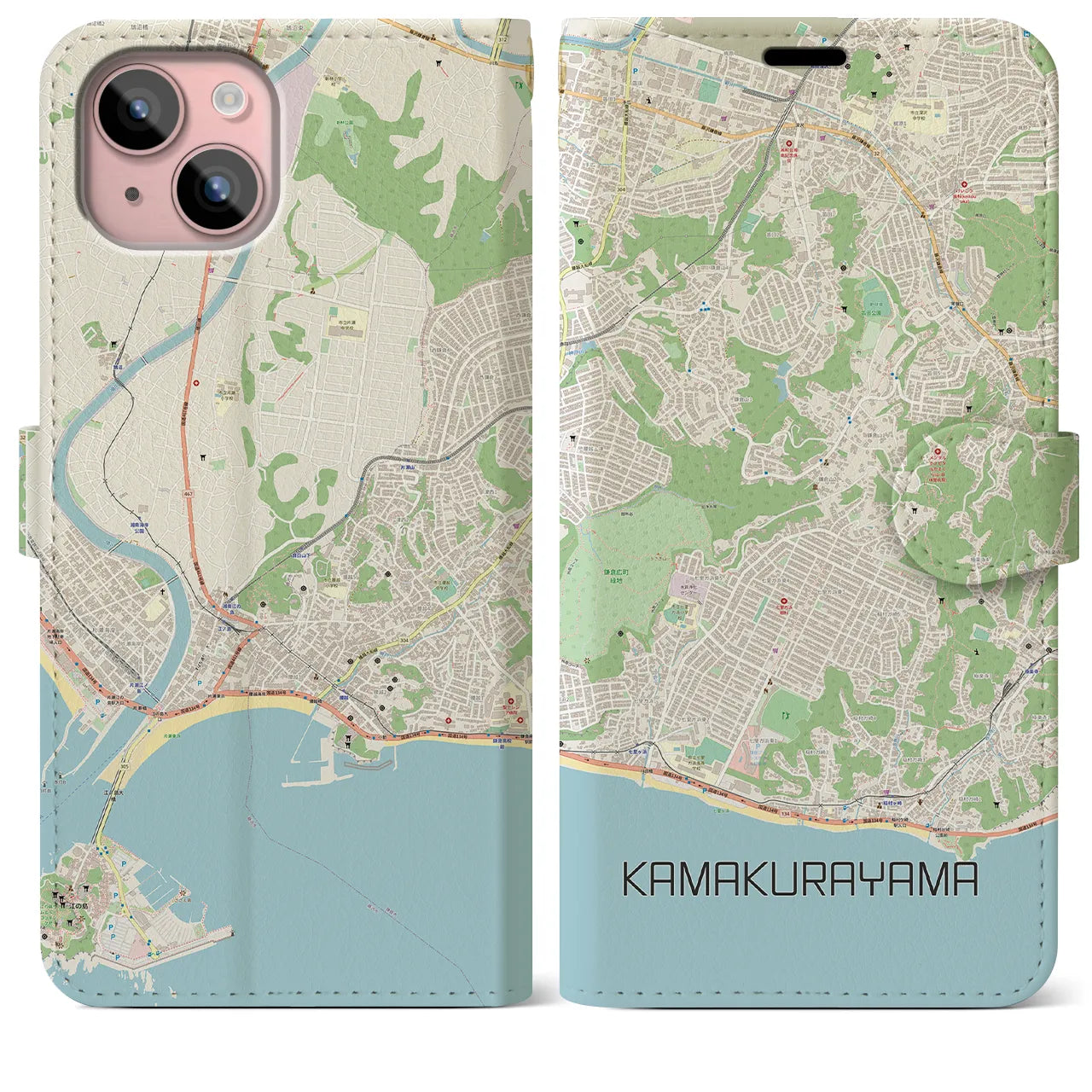 【鎌倉山】地図柄iPhoneケース（手帳両面タイプ・ナチュラル）iPhone 15 Plus 用