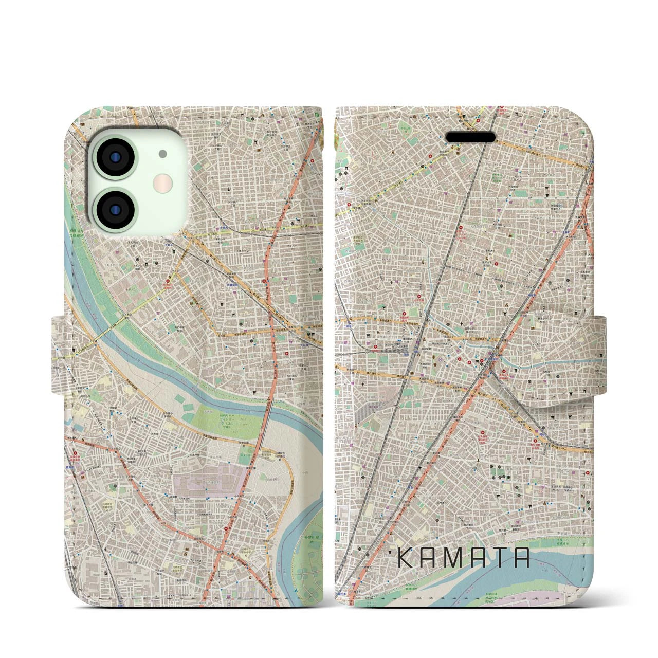 【蒲田】地図柄iPhoneケース（手帳両面タイプ・ナチュラル）iPhone 12 mini 用