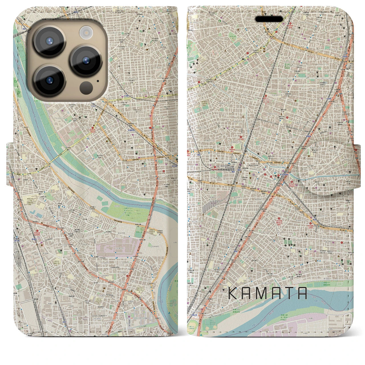 【蒲田】地図柄iPhoneケース（手帳両面タイプ・ナチュラル）iPhone 14 Pro Max 用