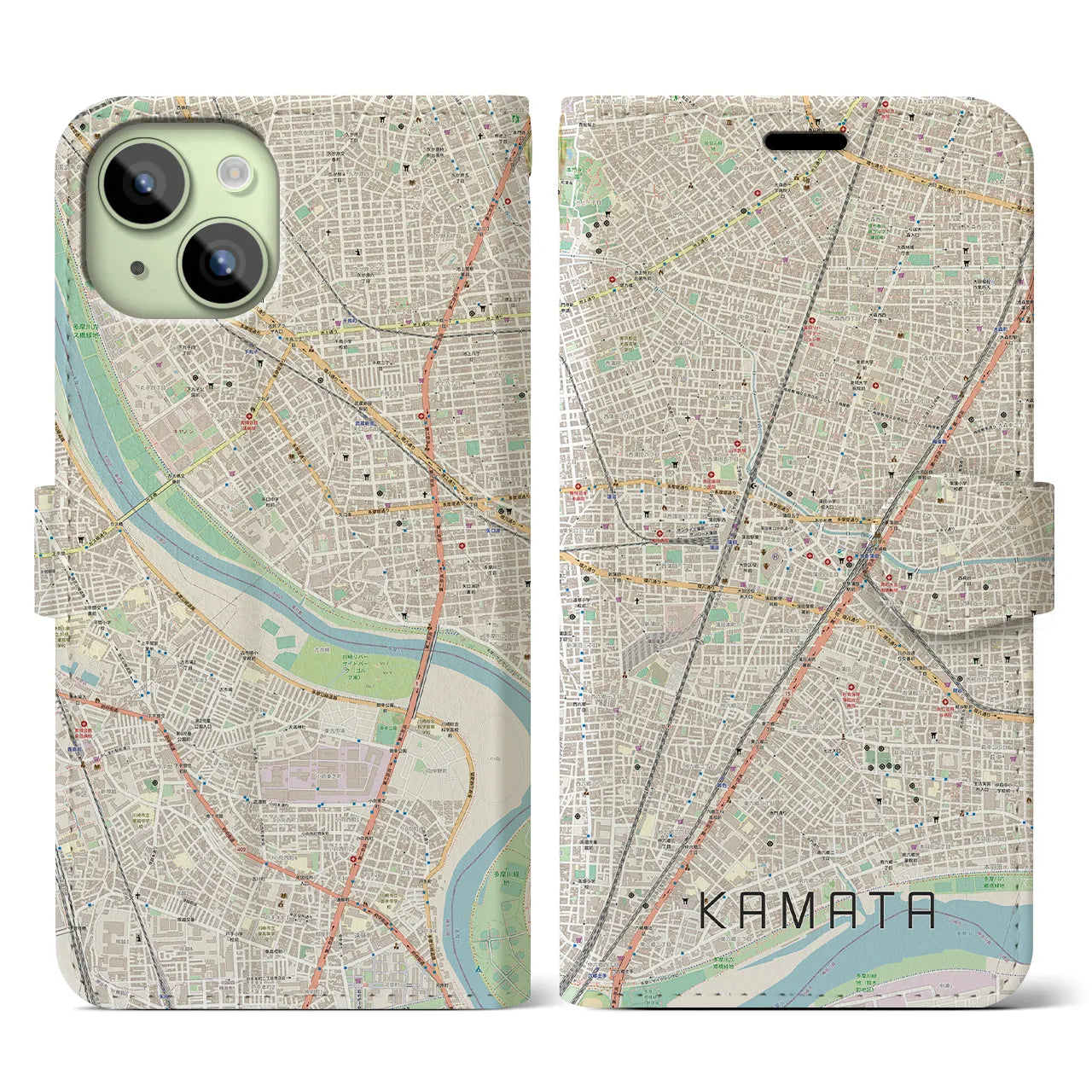 【蒲田】地図柄iPhoneケース（手帳両面タイプ・ナチュラル）iPhone 15 用
