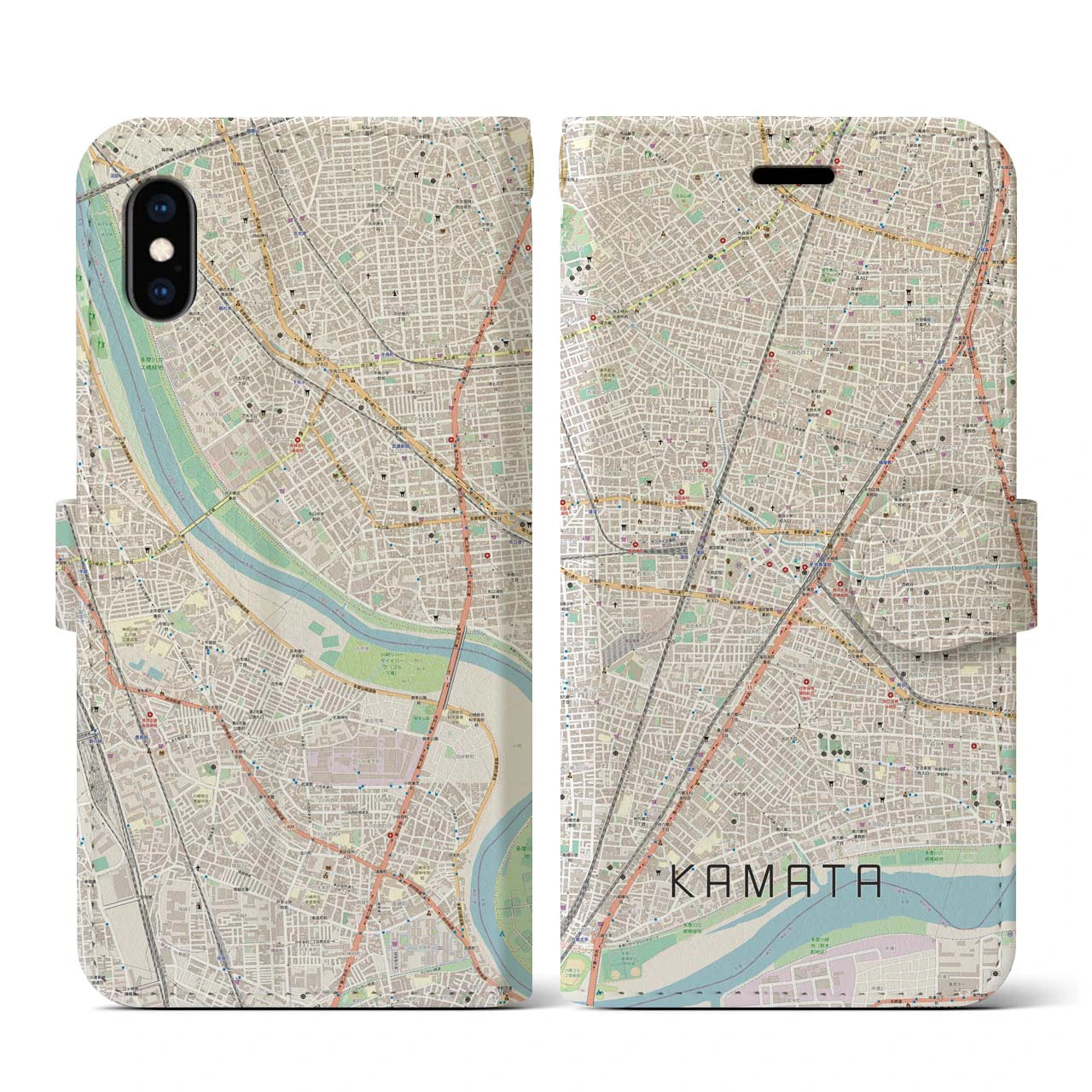 【蒲田】地図柄iPhoneケース（手帳両面タイプ・ナチュラル）iPhone XS / X 用
