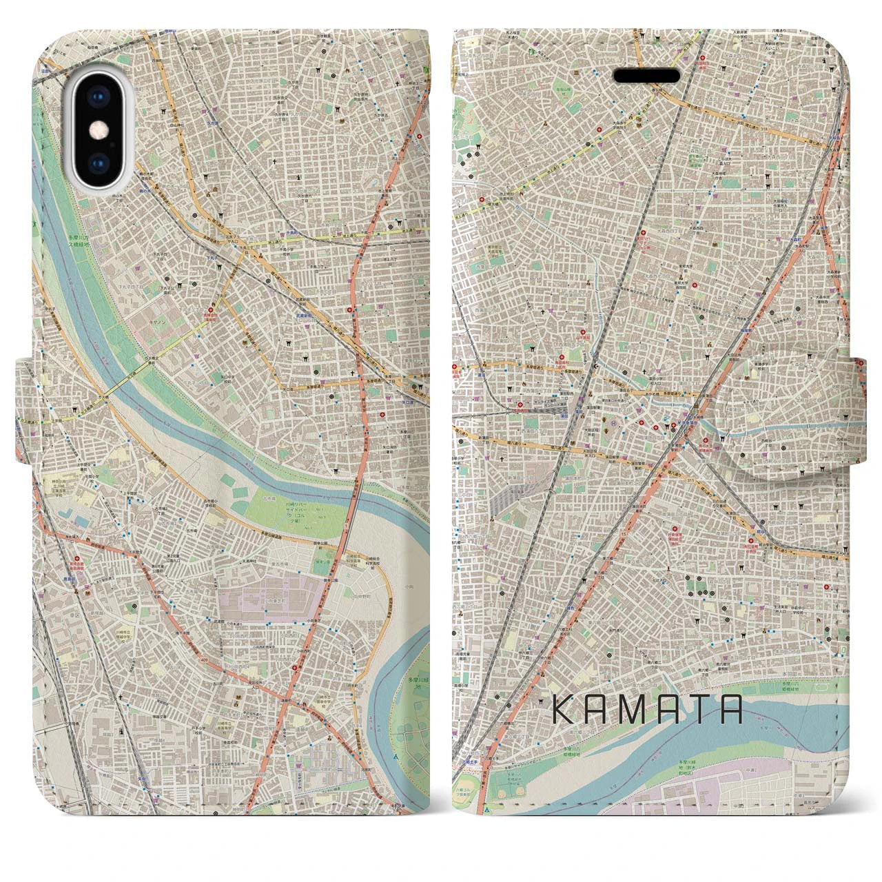 【蒲田】地図柄iPhoneケース（手帳両面タイプ・ナチュラル）iPhone XS Max 用