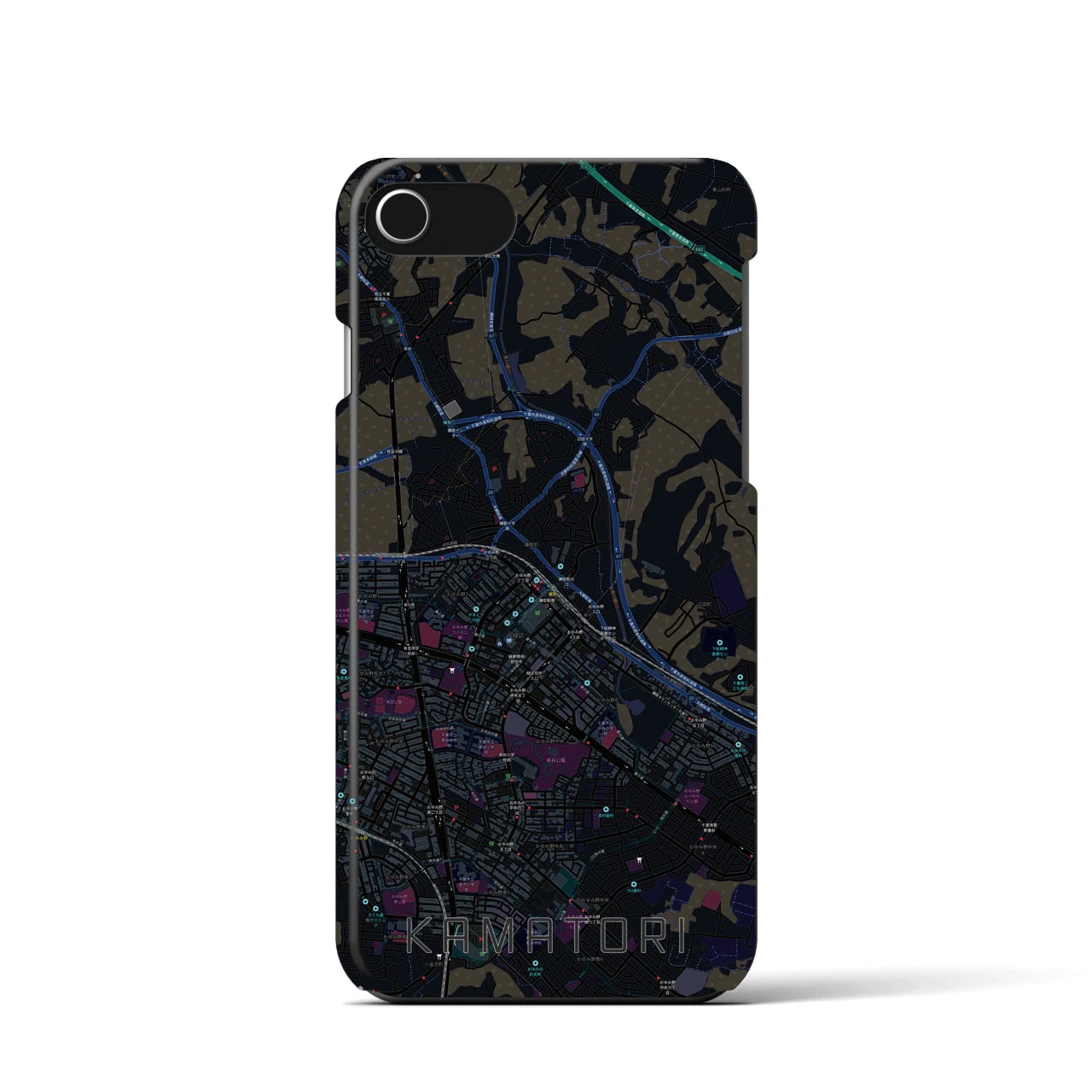 【鎌取】地図柄iPhoneケース（バックカバータイプ・ブラック）iPhone SE（第3 / 第2世代） / 8 / 7 / 6s / 6 用