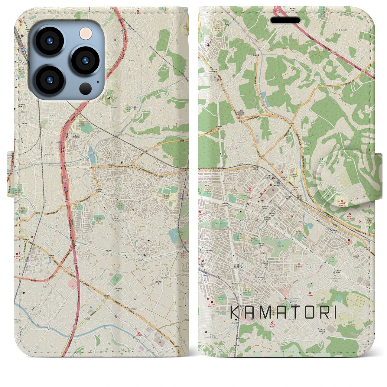 【鎌取】地図柄iPhoneケース（手帳両面タイプ・ナチュラル）iPhone 13 Pro Max 用