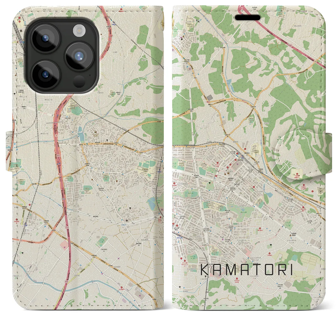 【鎌取】地図柄iPhoneケース（手帳両面タイプ・ナチュラル）iPhone 15 Pro Max 用
