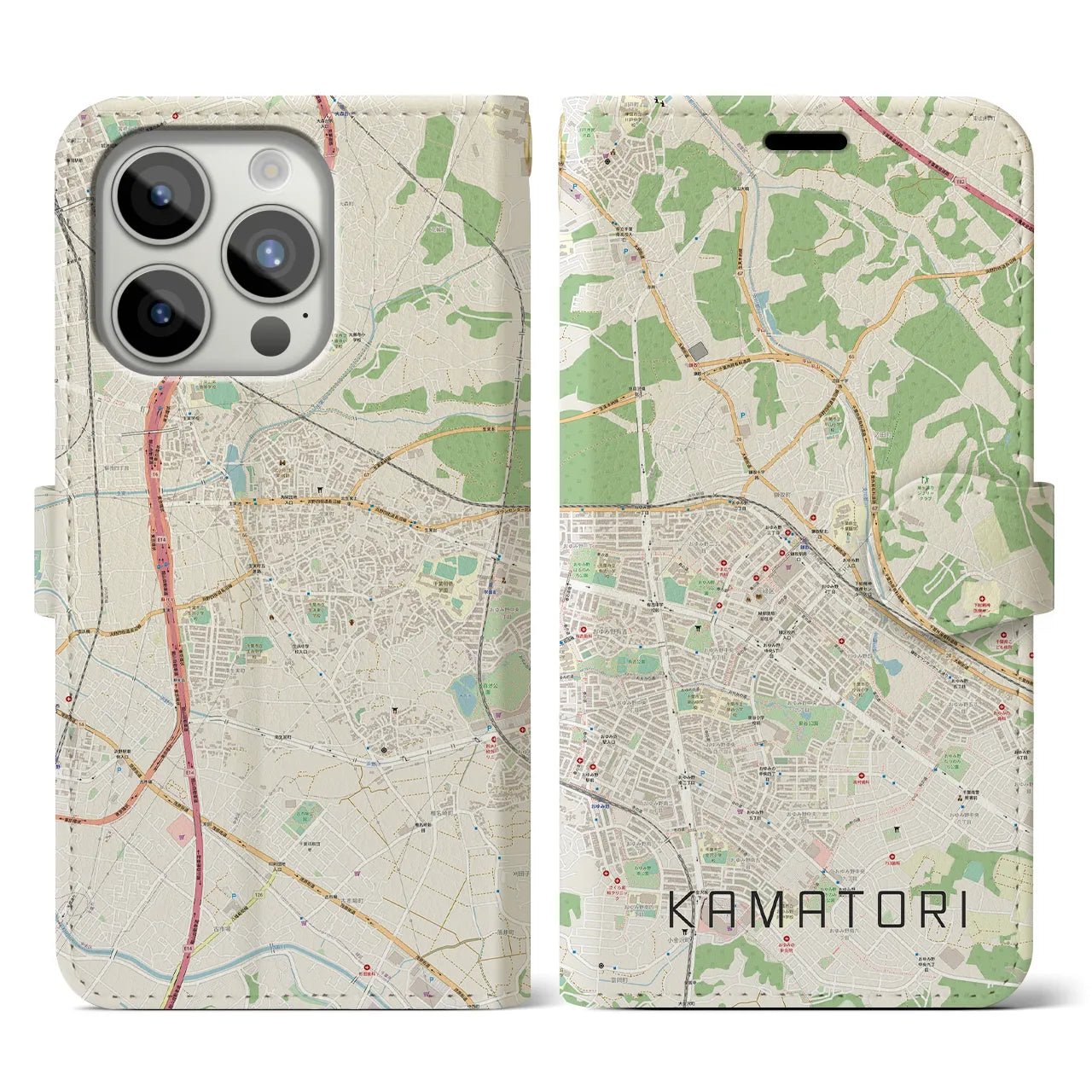 【鎌取】地図柄iPhoneケース（手帳両面タイプ・ナチュラル）iPhone 15 Pro 用
