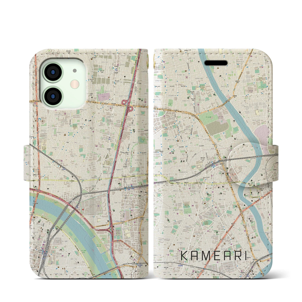 【亀有】地図柄iPhoneケース（手帳両面タイプ・ナチュラル）iPhone 12 mini 用