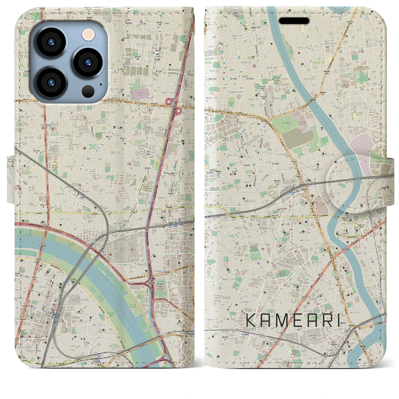【亀有】地図柄iPhoneケース（手帳両面タイプ・ナチュラル）iPhone 13 Pro Max 用
