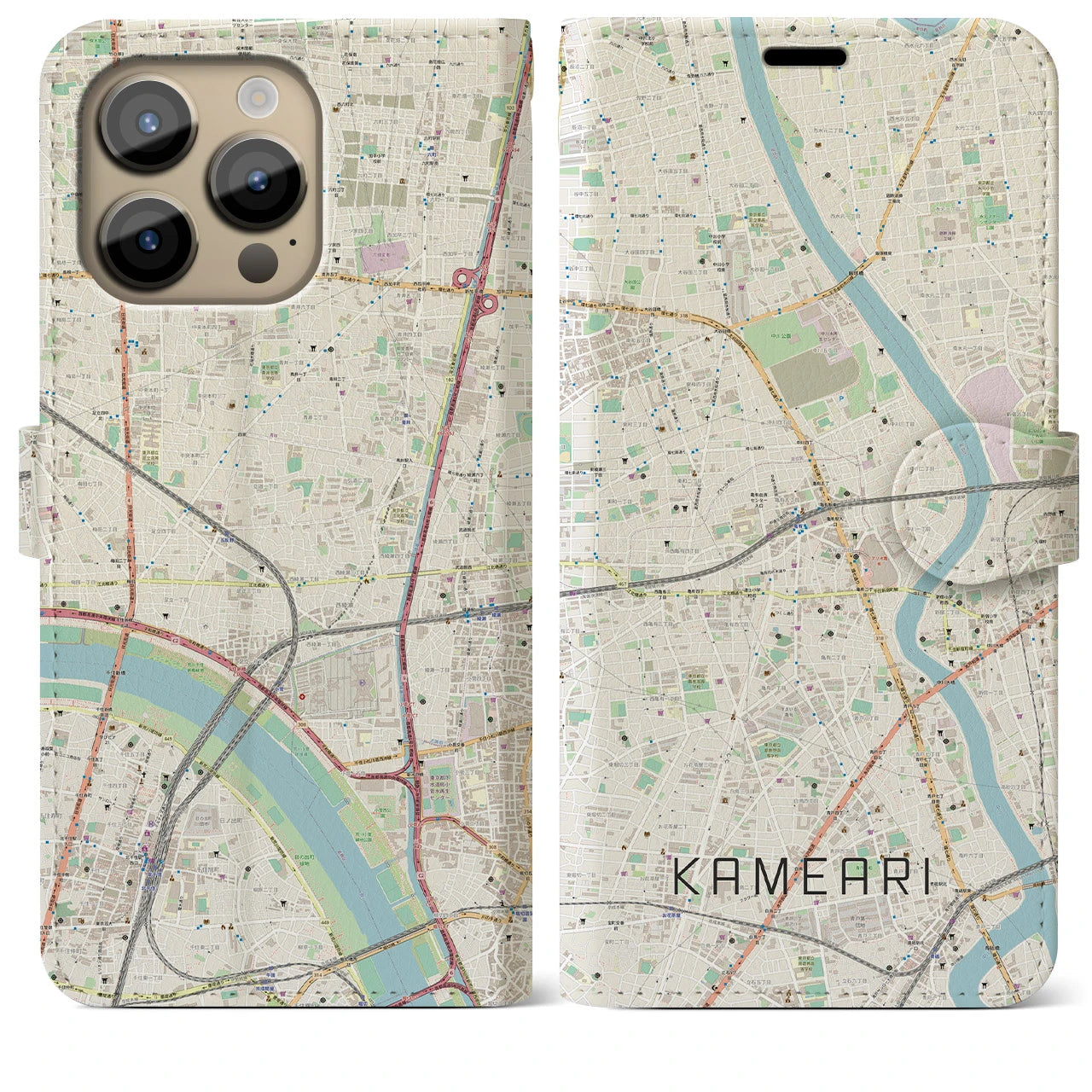 【亀有】地図柄iPhoneケース（手帳両面タイプ・ナチュラル）iPhone 14 Pro Max 用