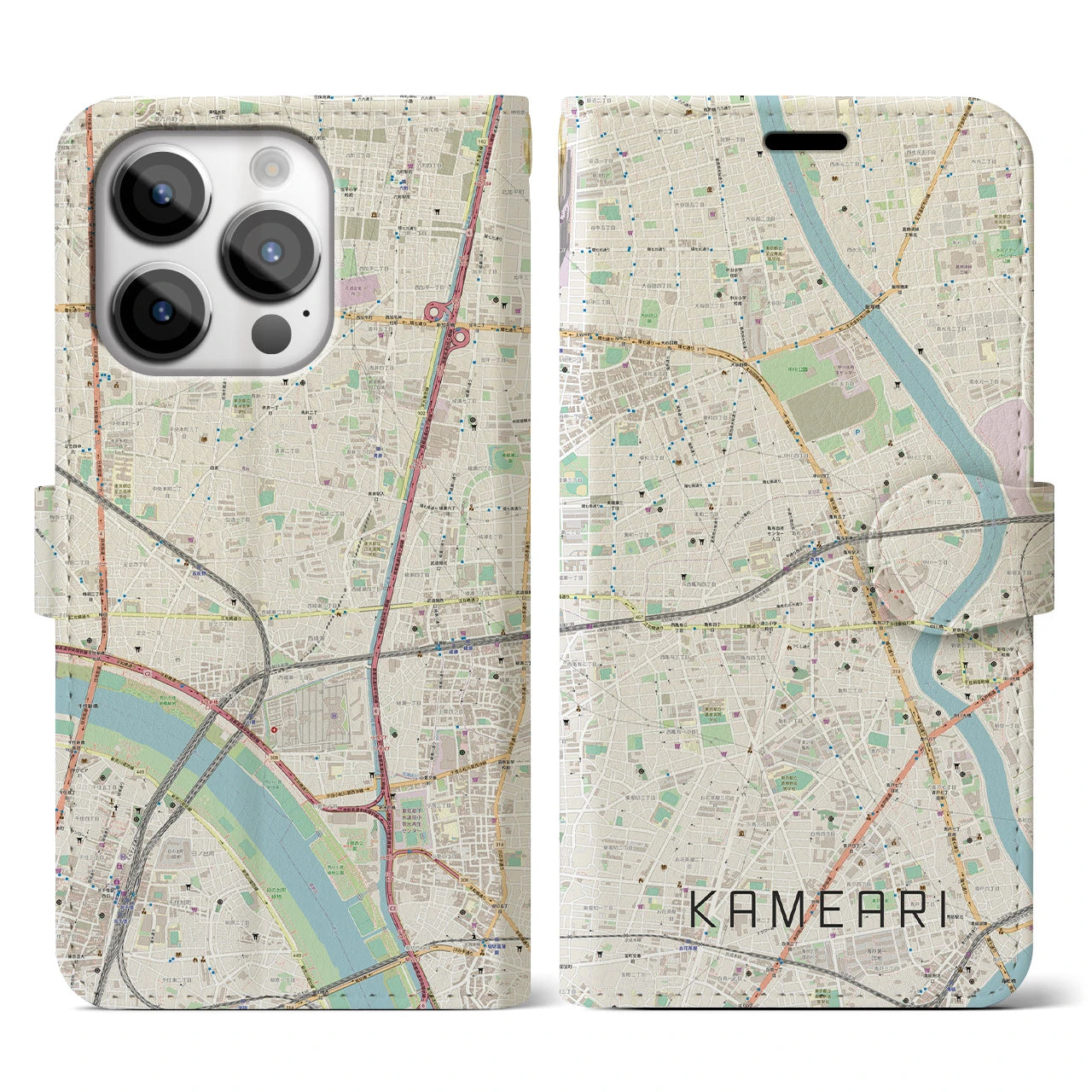 【亀有】地図柄iPhoneケース（手帳両面タイプ・ナチュラル）iPhone 14 Pro 用