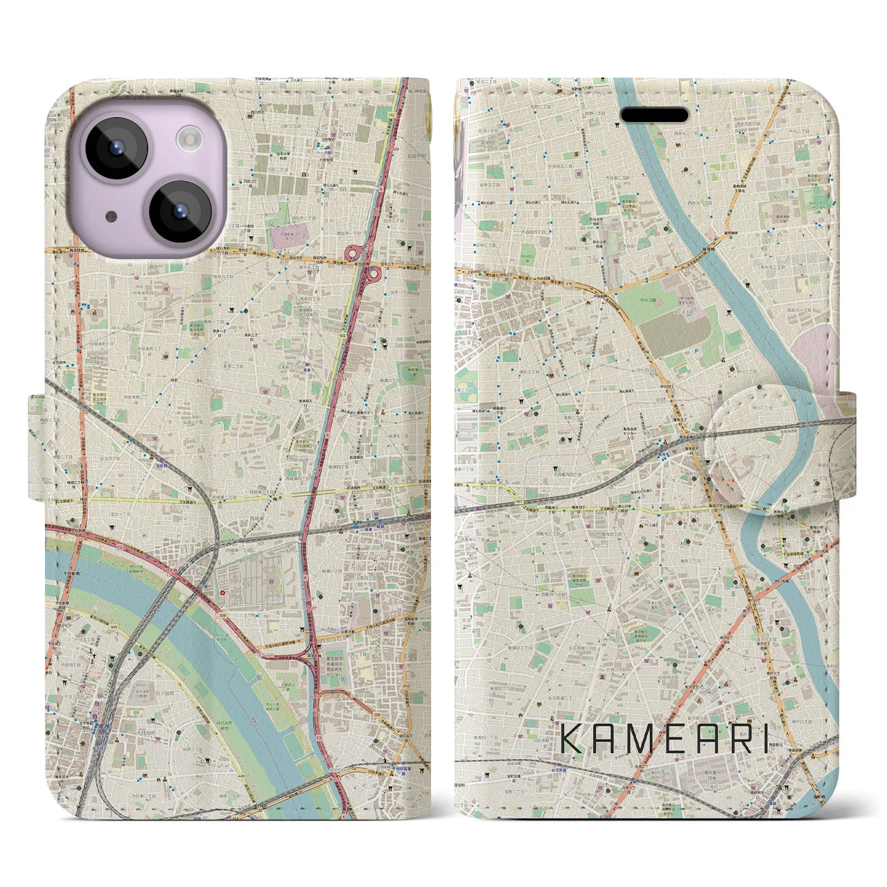 【亀有】地図柄iPhoneケース（手帳両面タイプ・ナチュラル）iPhone 14 用