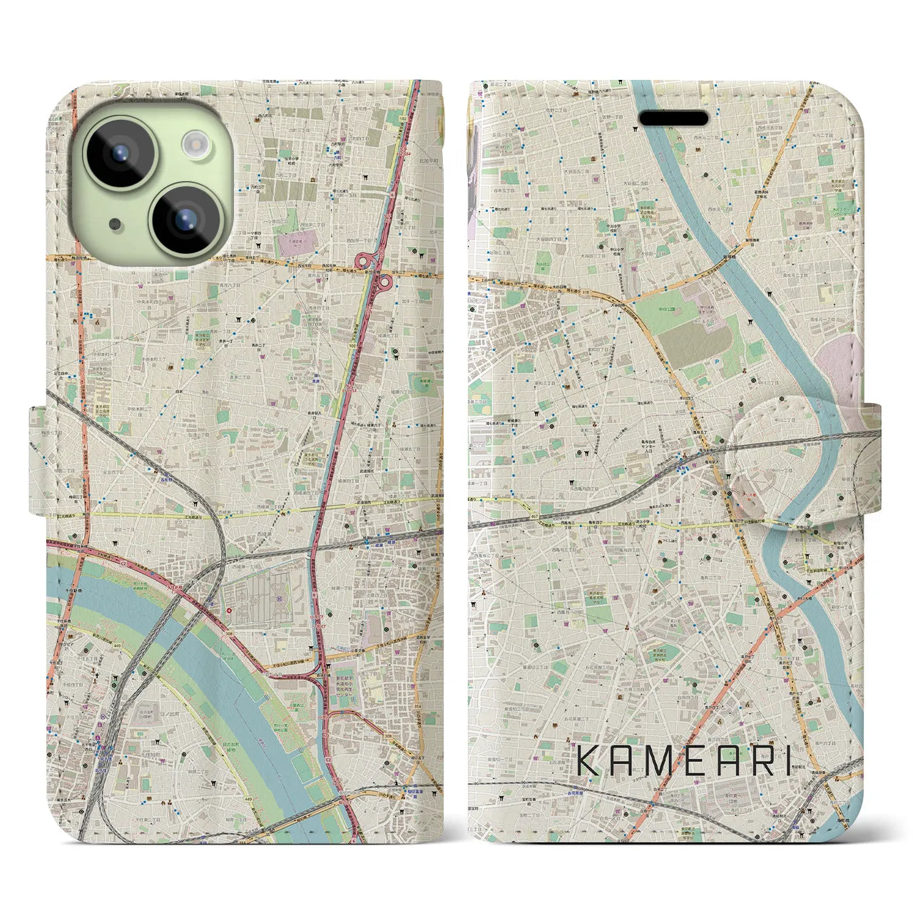【亀有】地図柄iPhoneケース（手帳両面タイプ・ナチュラル）iPhone 15 用