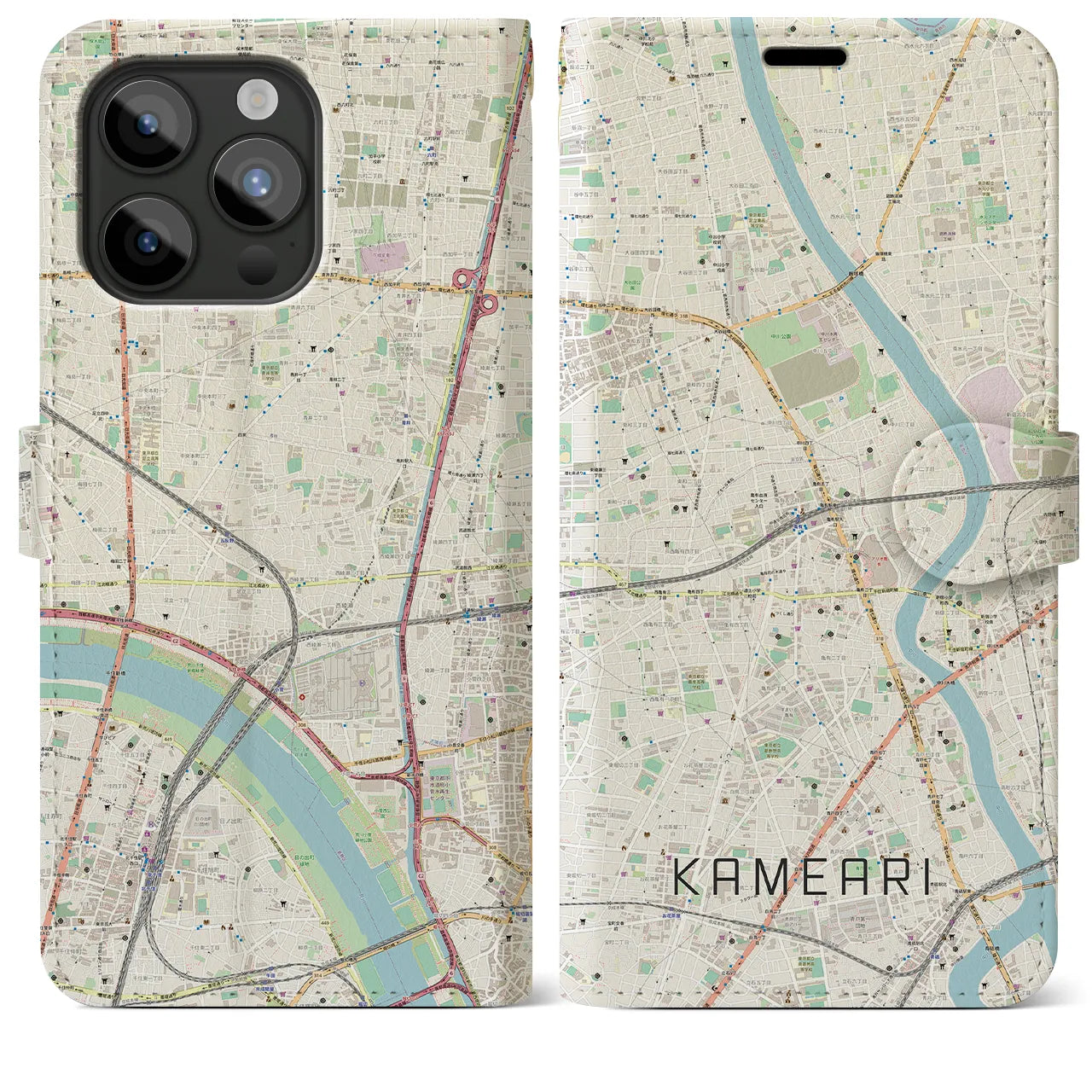 【亀有】地図柄iPhoneケース（手帳両面タイプ・ナチュラル）iPhone 15 Pro Max 用