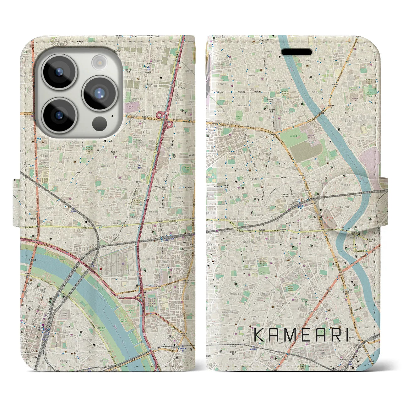 【亀有】地図柄iPhoneケース（手帳両面タイプ・ナチュラル）iPhone 15 Pro 用
