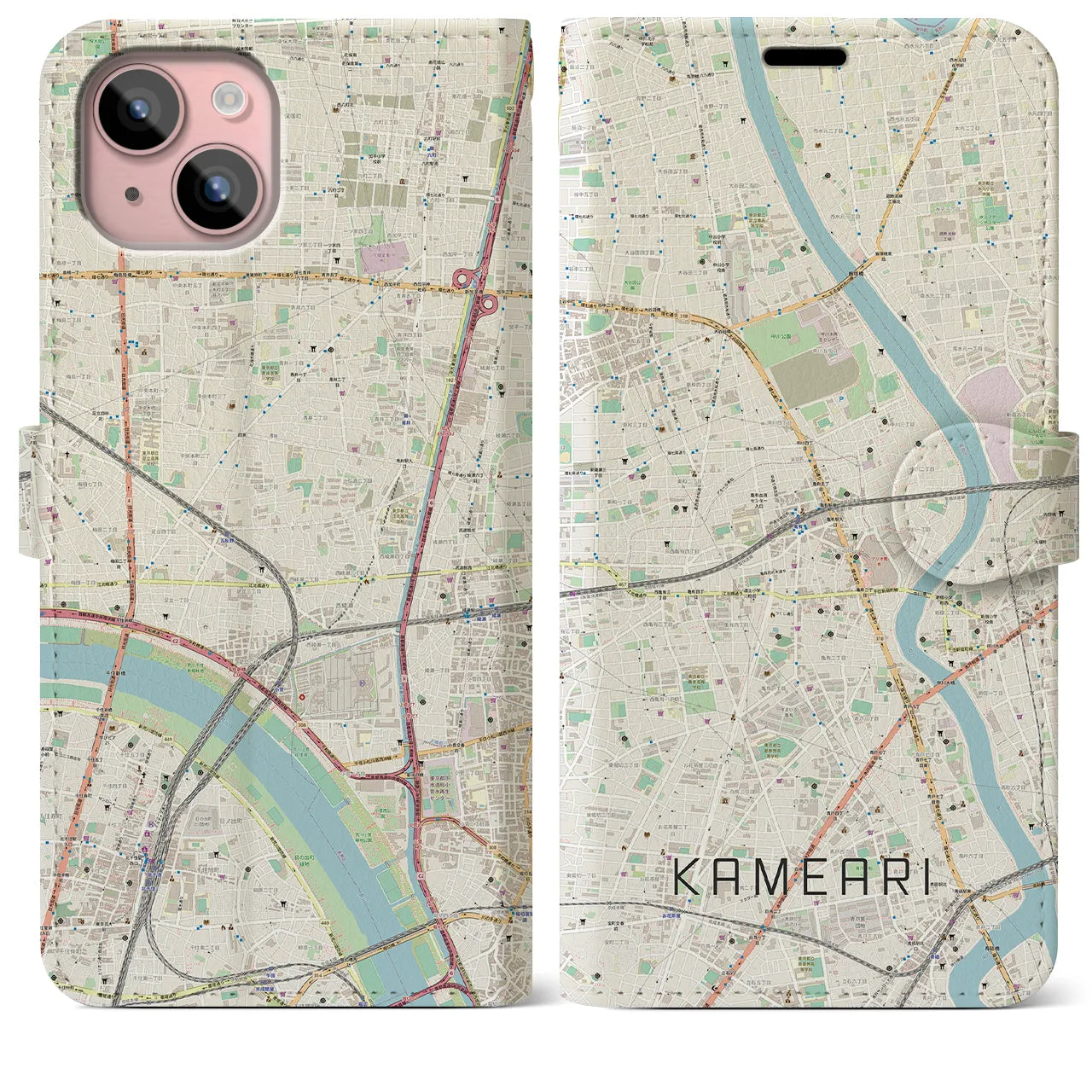 【亀有】地図柄iPhoneケース（手帳両面タイプ・ナチュラル）iPhone 15 Plus 用