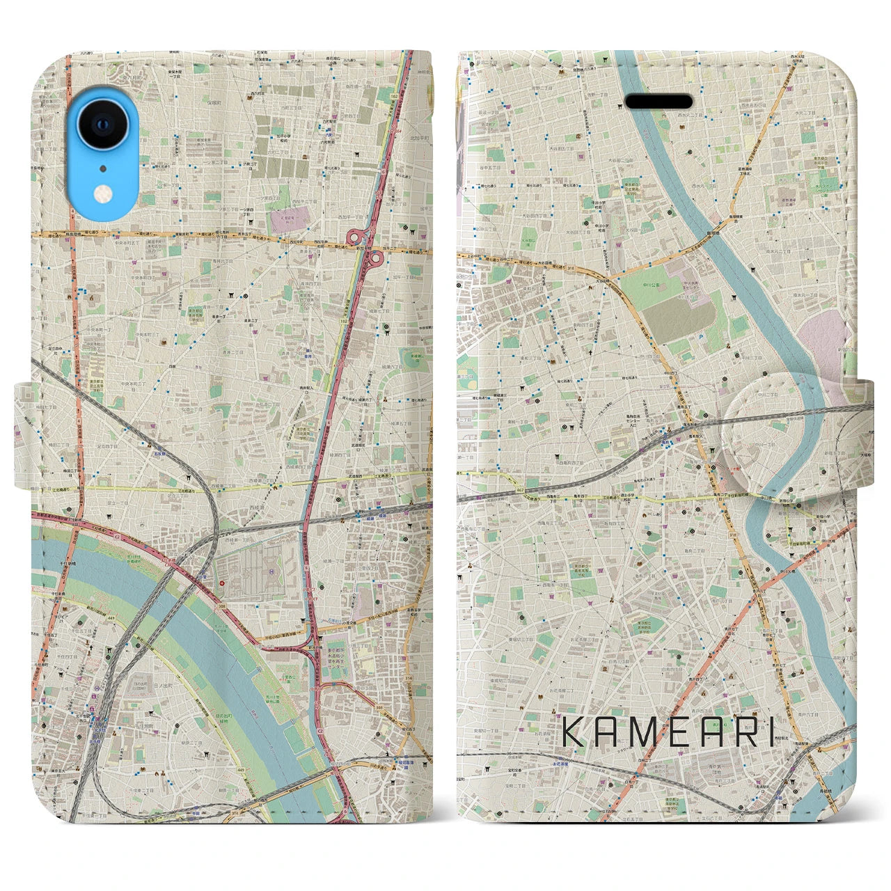 【亀有】地図柄iPhoneケース（手帳両面タイプ・ナチュラル）iPhone XR 用