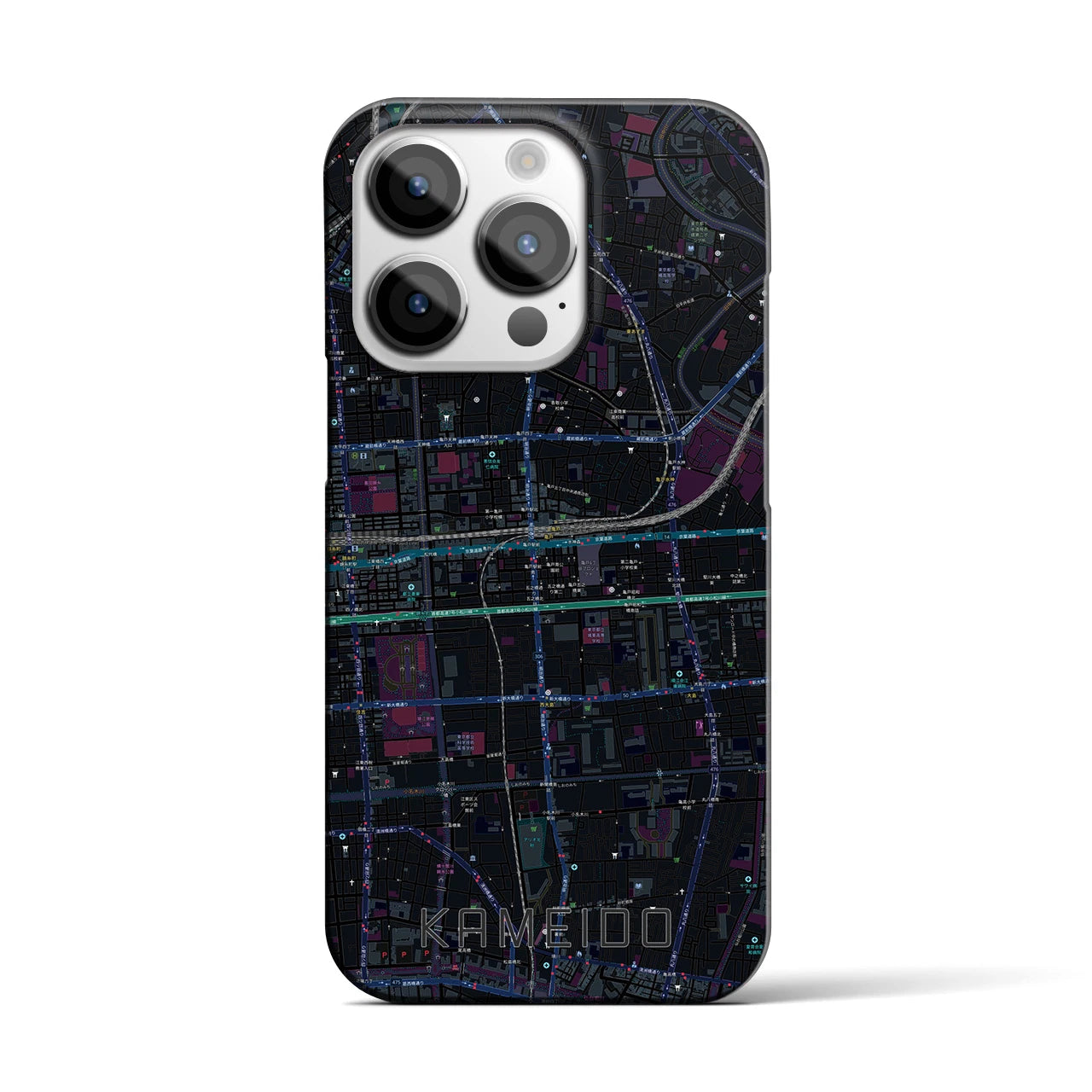 【亀戸】地図柄iPhoneケース（バックカバータイプ・ブラック）iPhone 14 Pro 用