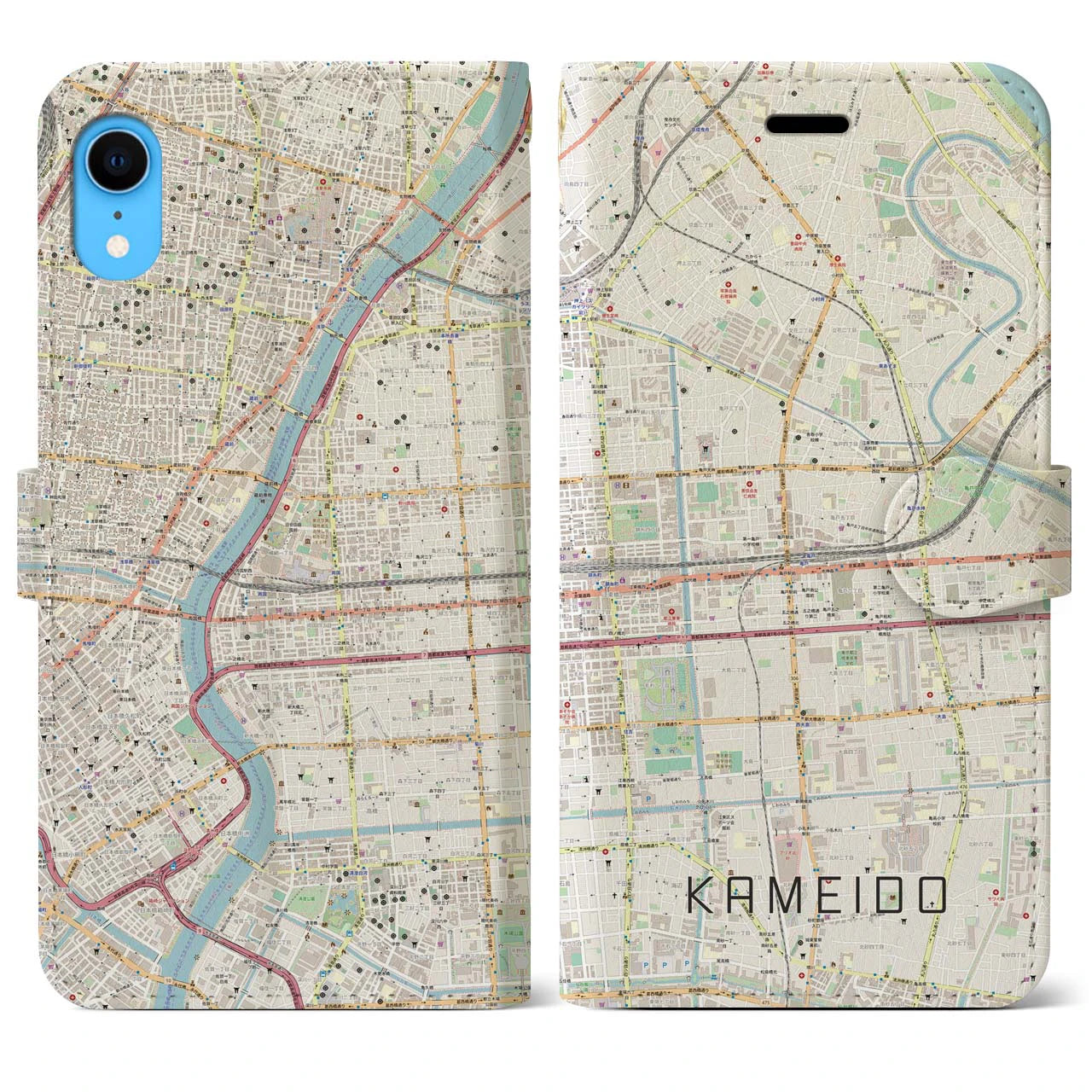 【亀戸】地図柄iPhoneケース（手帳両面タイプ・ナチュラル）iPhone XR 用