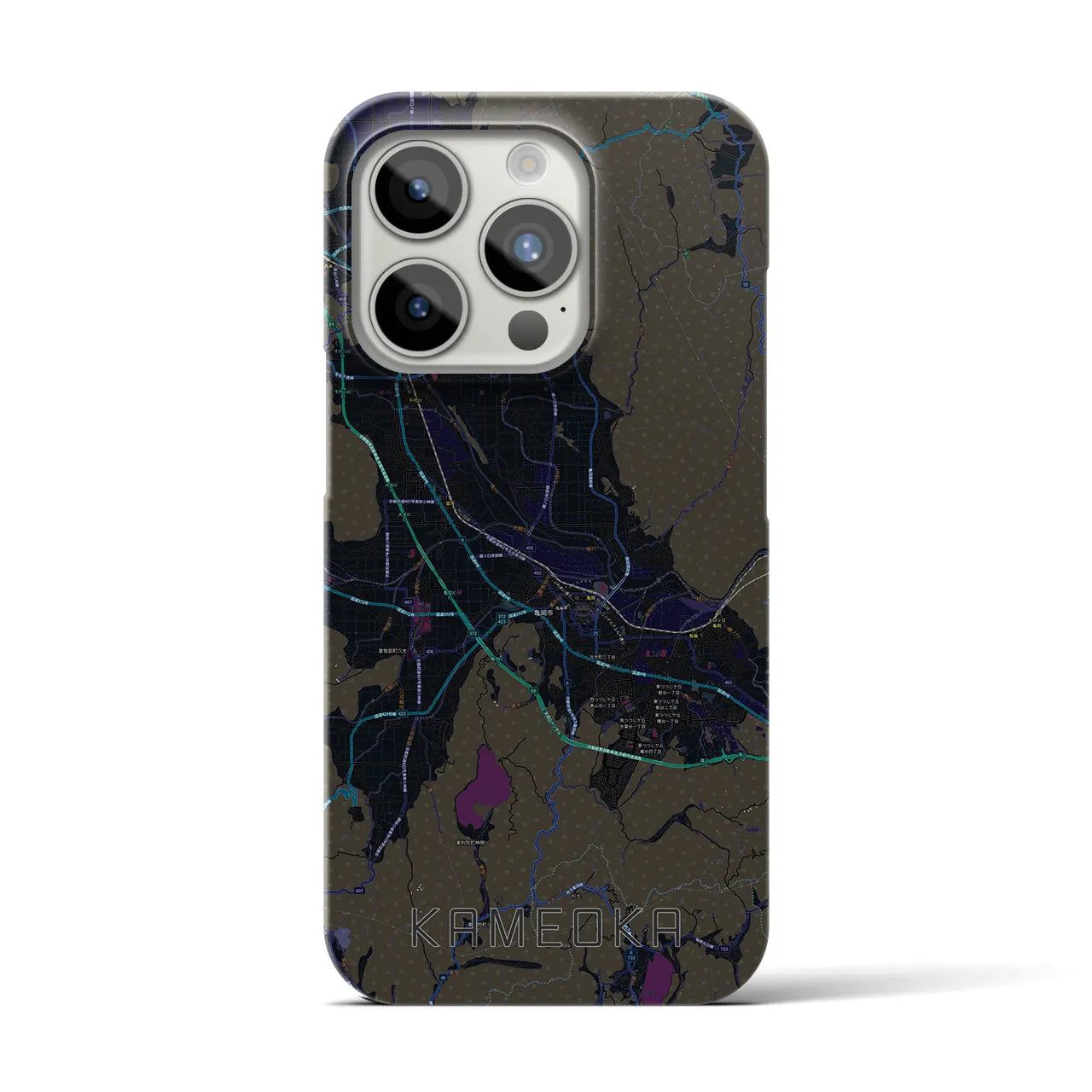 【亀岡】地図柄iPhoneケース（バックカバータイプ・ブラック）iPhone 15 Pro 用