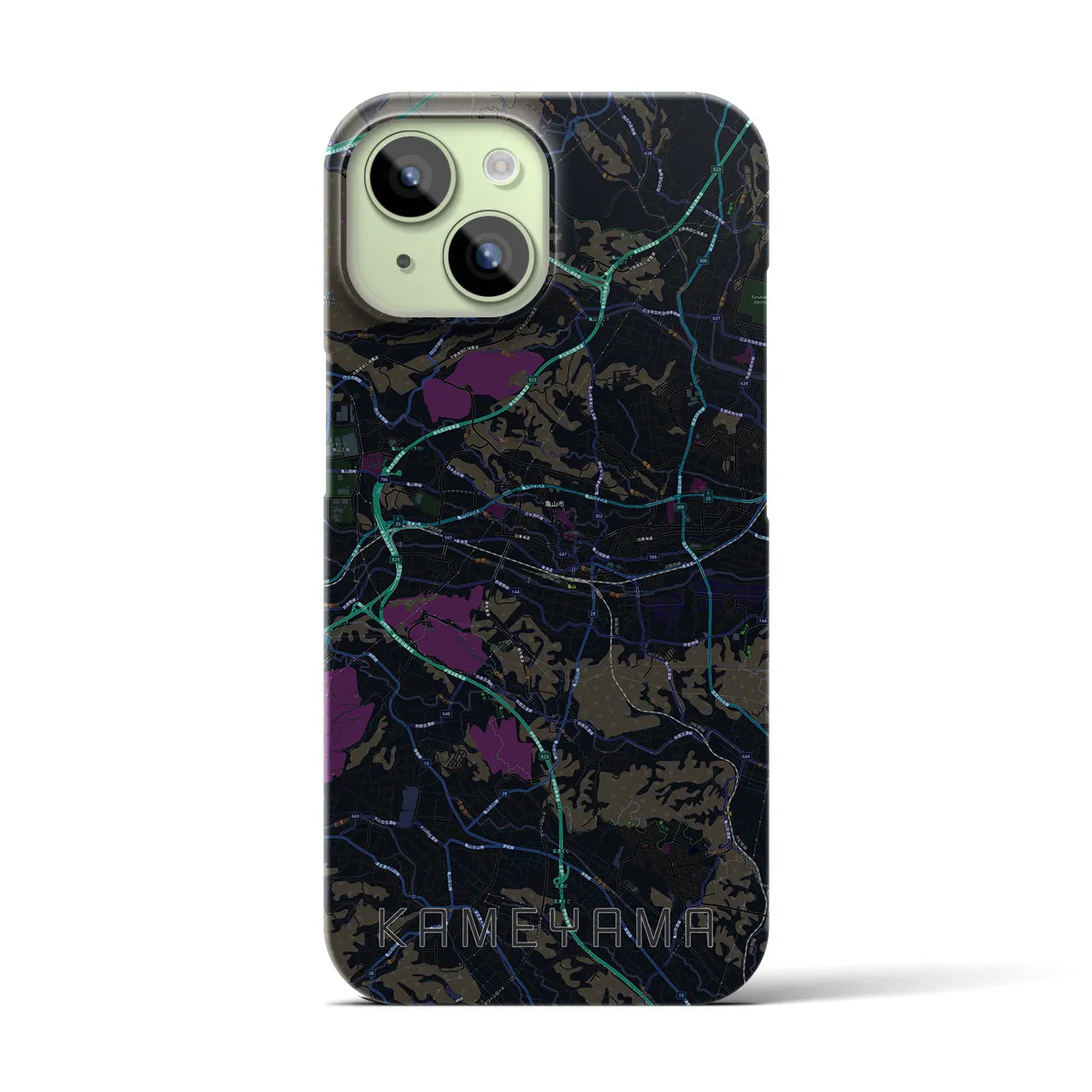【亀山】地図柄iPhoneケース（バックカバータイプ・ブラック）iPhone 15 用