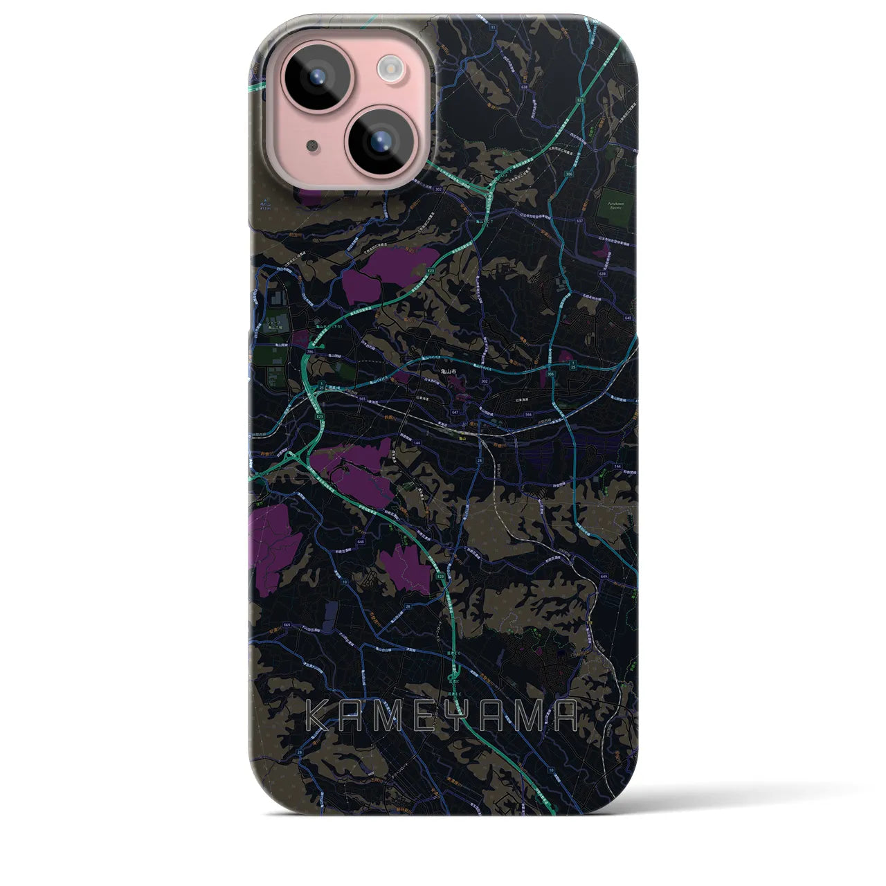 【亀山】地図柄iPhoneケース（バックカバータイプ・ブラック）iPhone 15 Plus 用