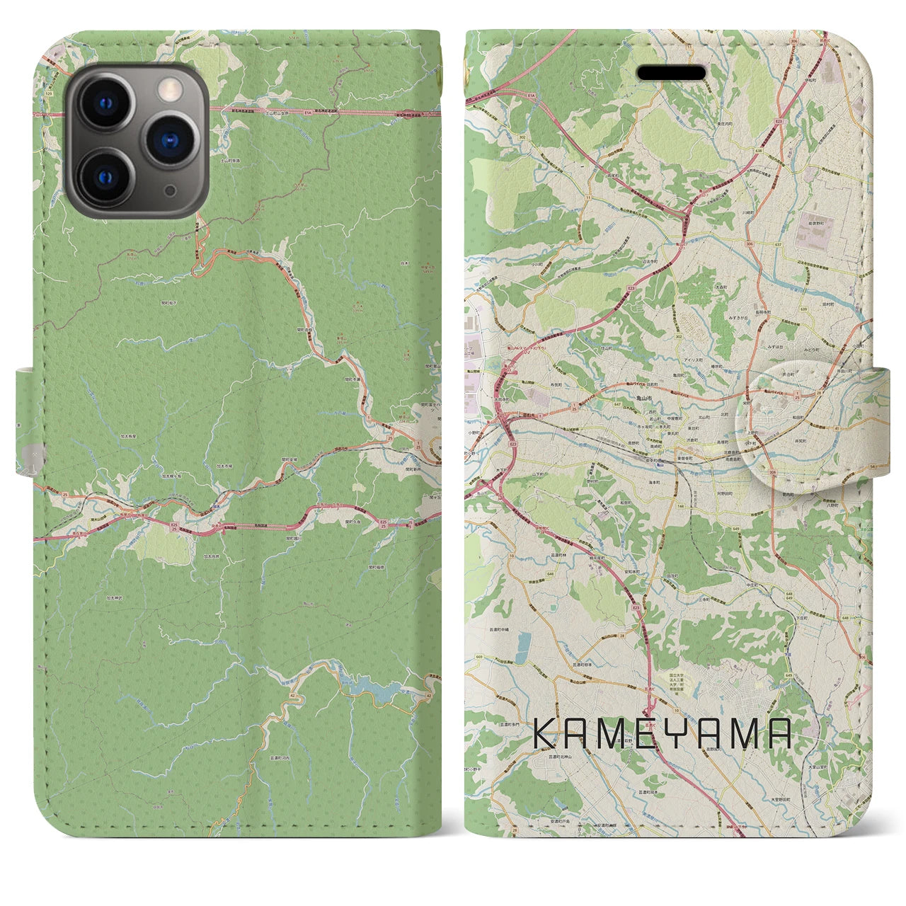 【亀山】地図柄iPhoneケース（手帳両面タイプ・ナチュラル）iPhone 11 Pro Max 用