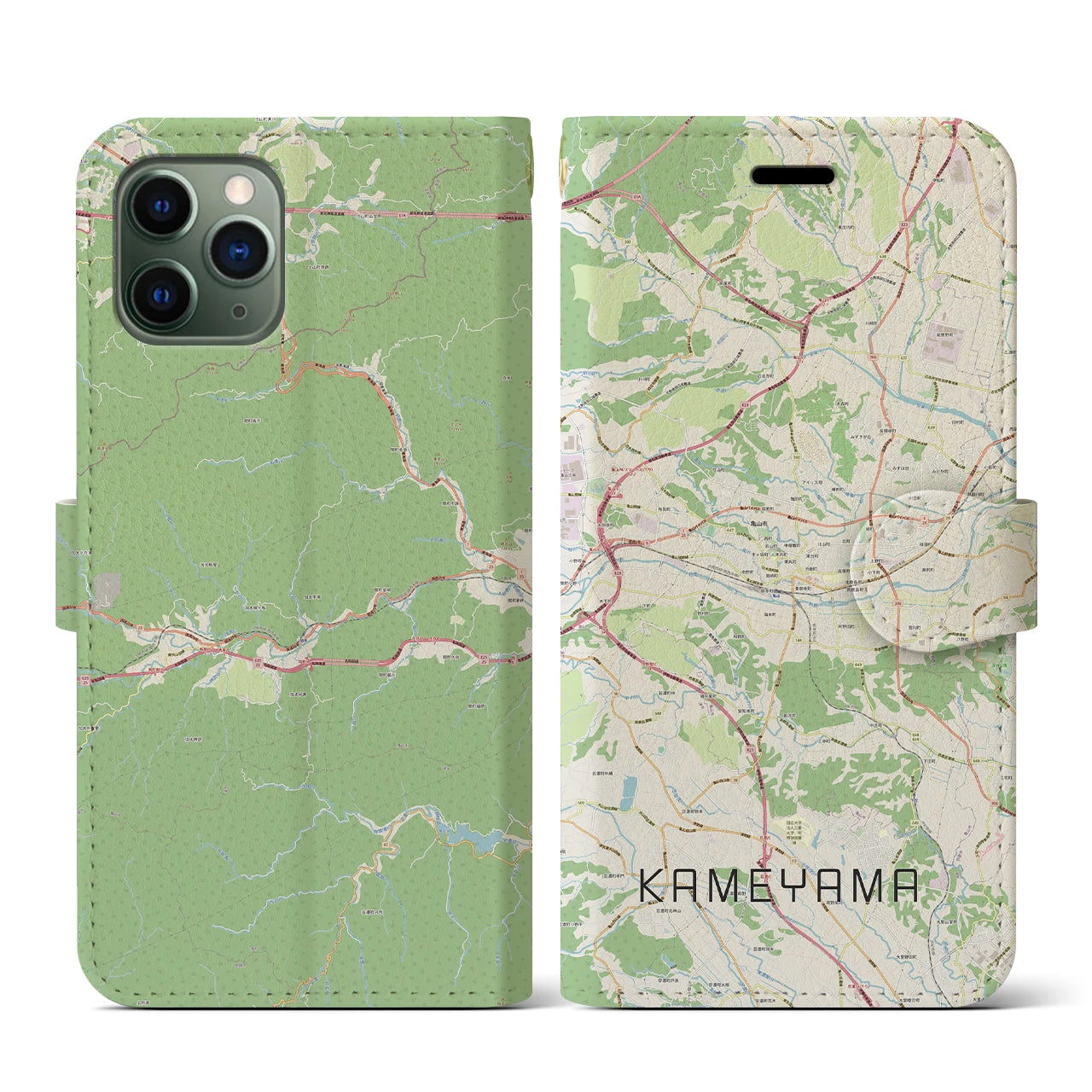 【亀山】地図柄iPhoneケース（手帳両面タイプ・ナチュラル）iPhone 11 Pro 用