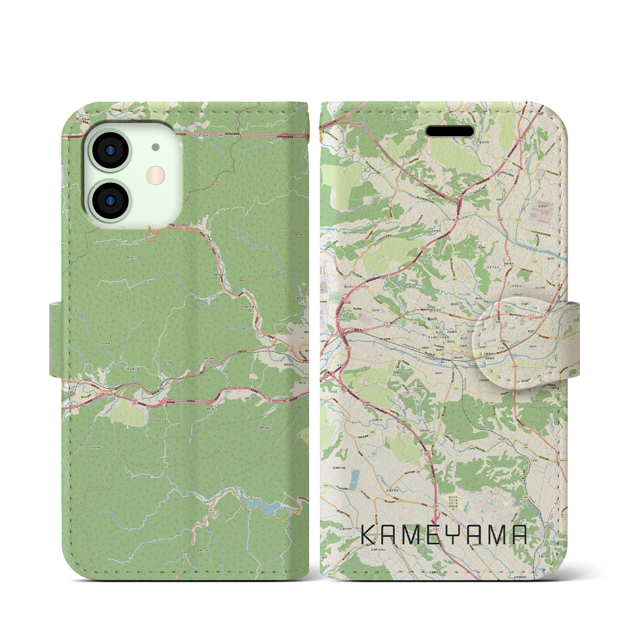 【亀山】地図柄iPhoneケース（手帳両面タイプ・ナチュラル）iPhone 12 mini 用