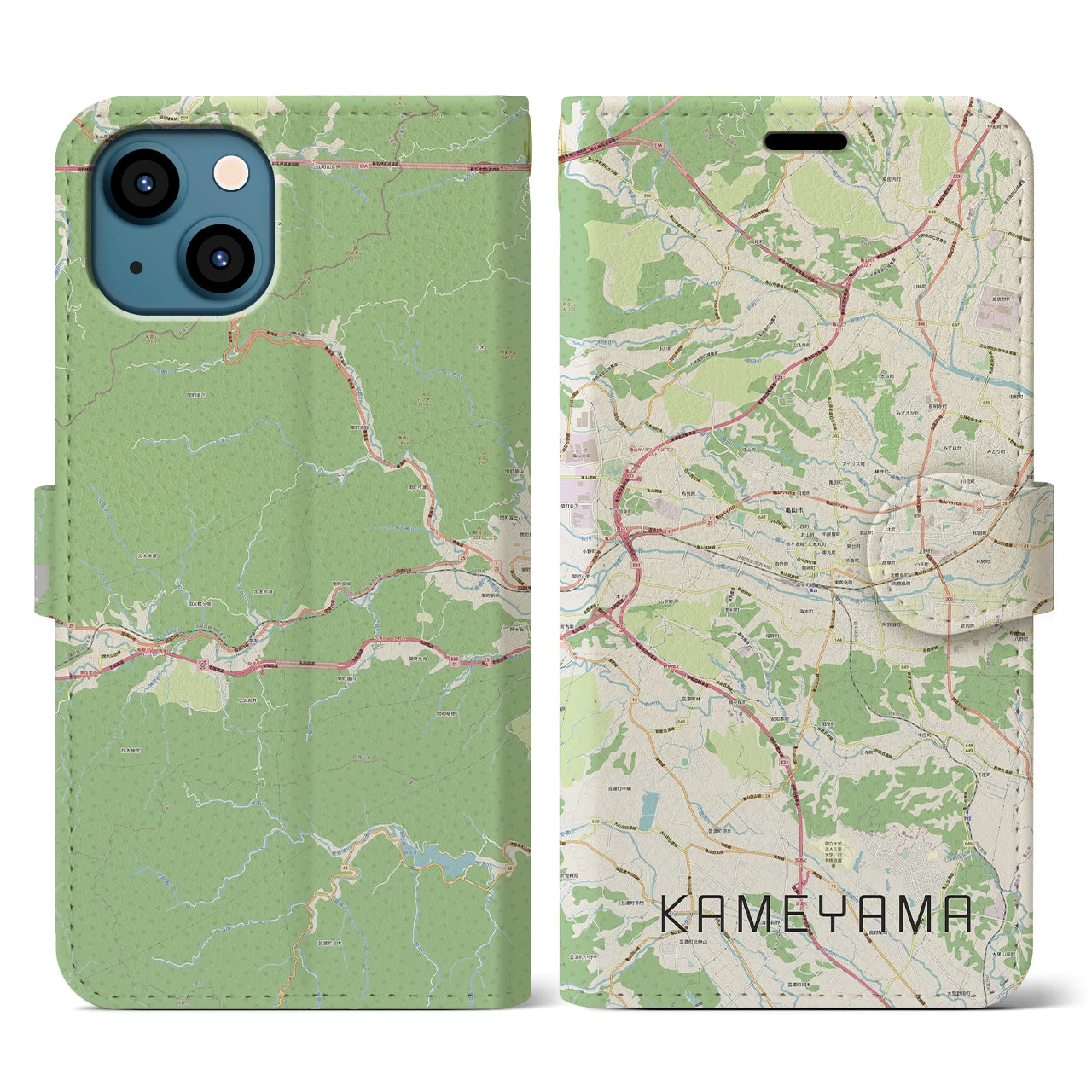 【亀山】地図柄iPhoneケース（手帳両面タイプ・ナチュラル）iPhone 13 用