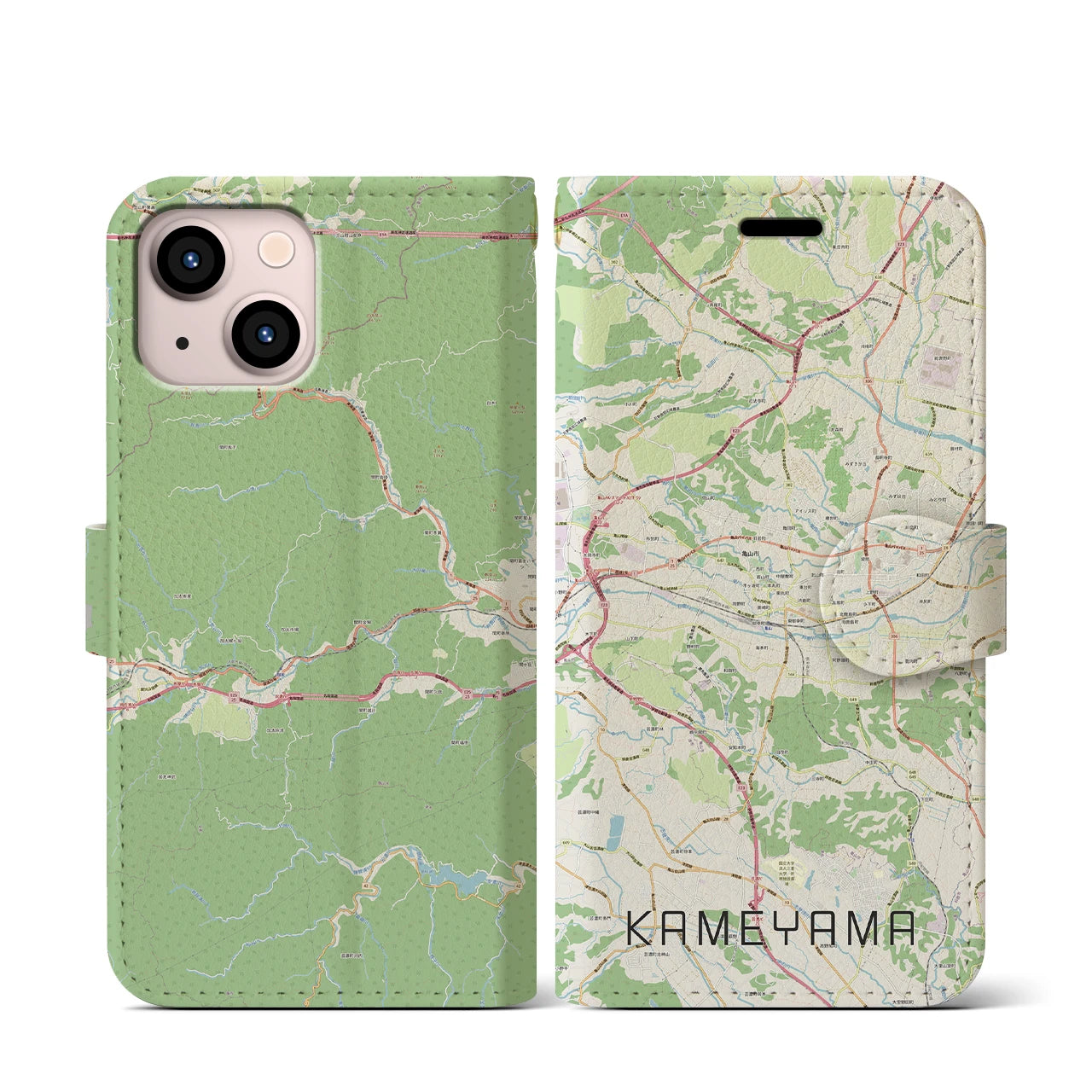 【亀山】地図柄iPhoneケース（手帳両面タイプ・ナチュラル）iPhone 13 mini 用