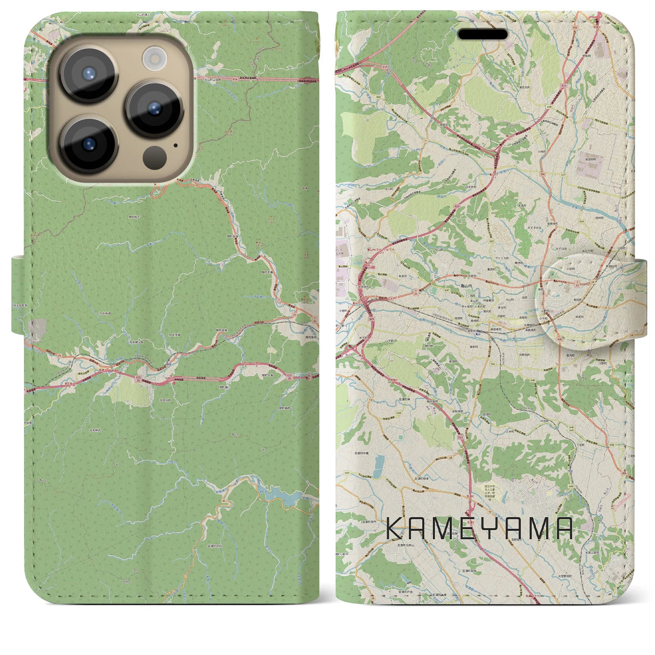 【亀山】地図柄iPhoneケース（手帳両面タイプ・ナチュラル）iPhone 14 Pro Max 用