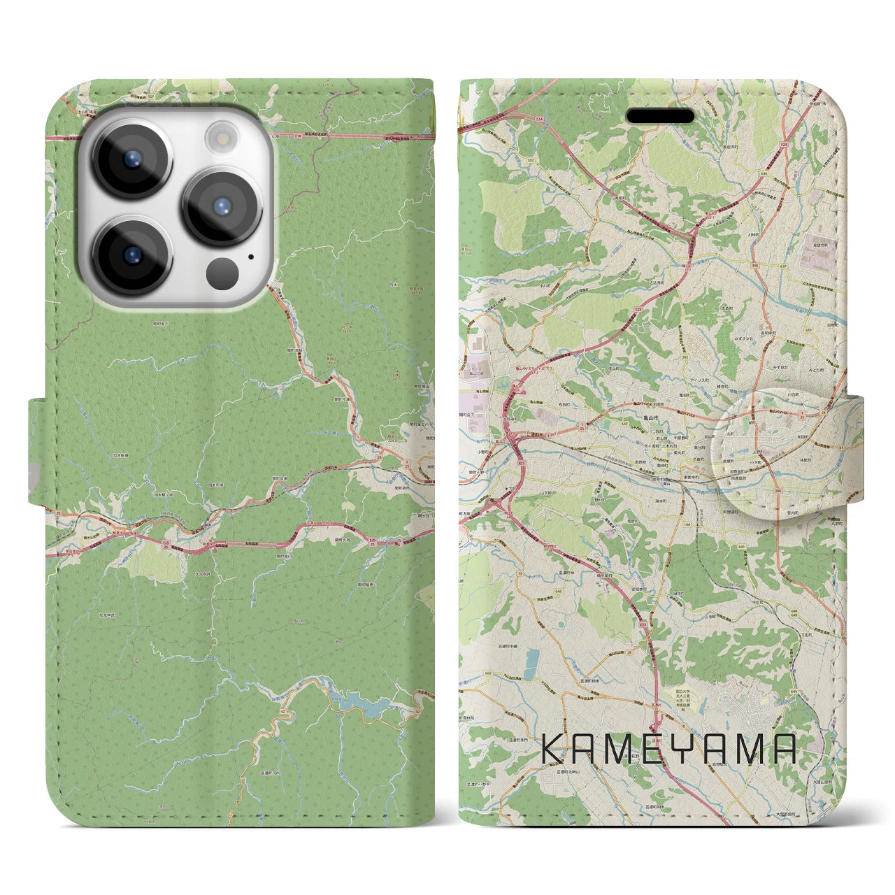 【亀山】地図柄iPhoneケース（手帳両面タイプ・ナチュラル）iPhone 14 Pro 用